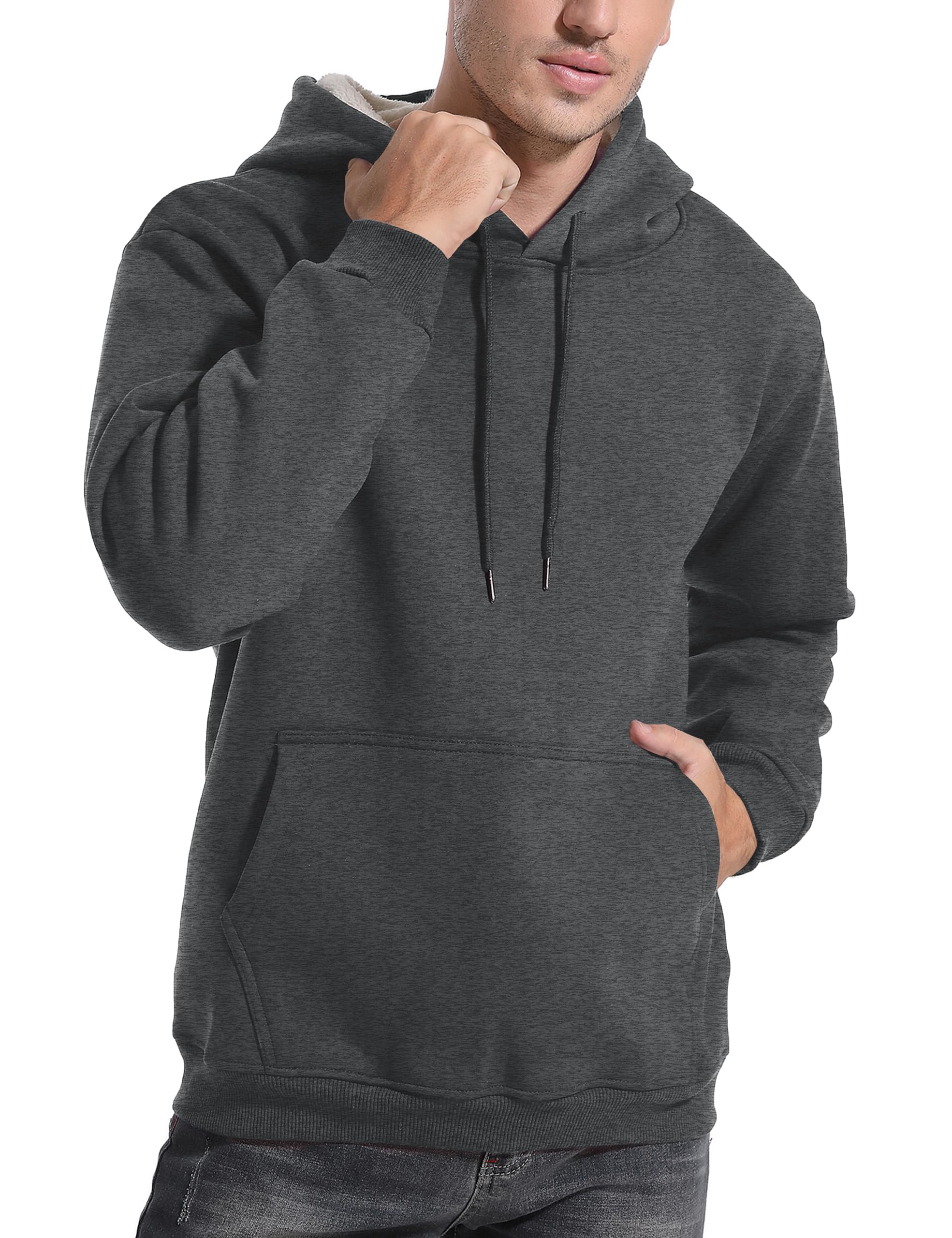 Flygo Men's Casual Fleece Sherpa Lined Hoodie Winter Warm Pullover Hooded Sweatshirt(Black-XL)
