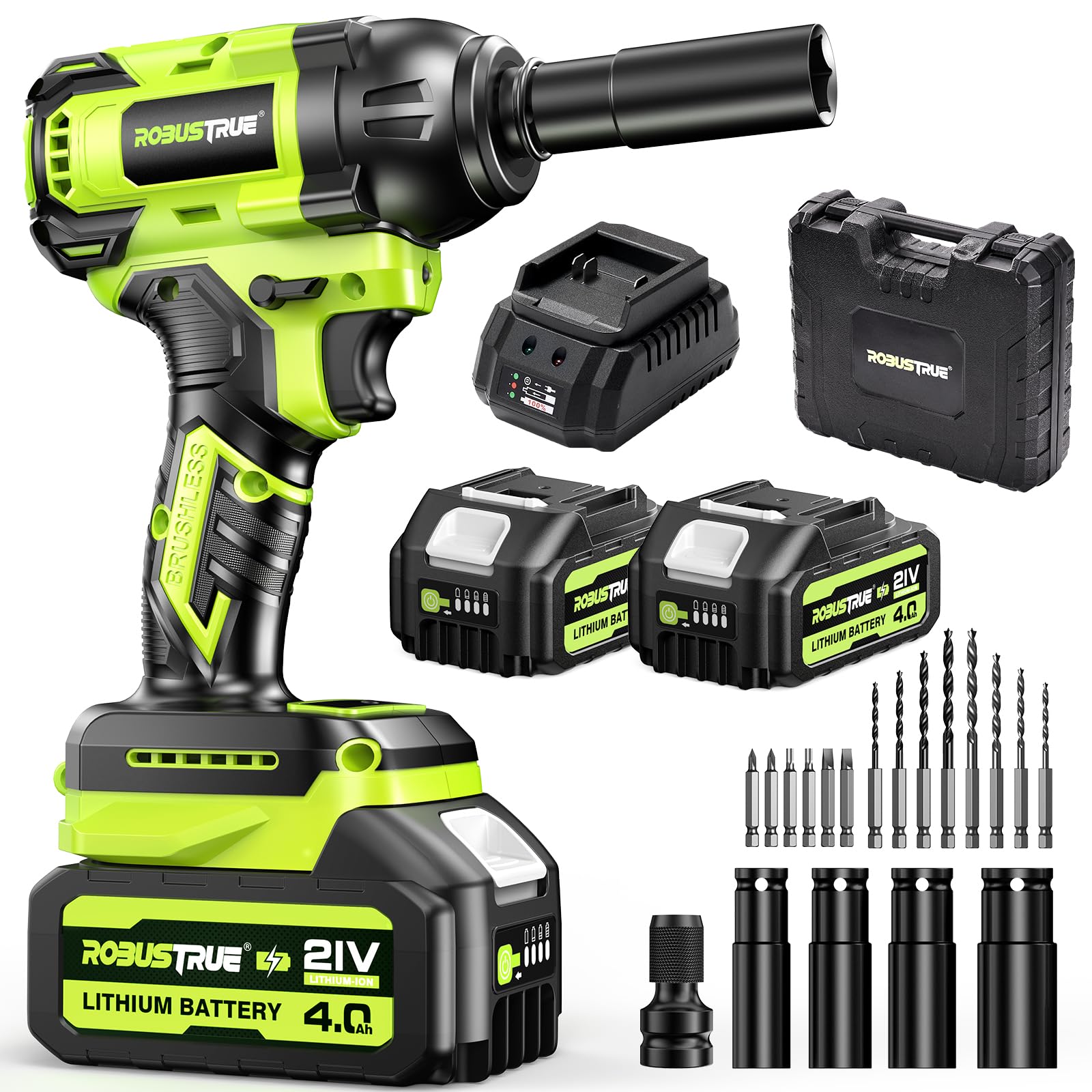 Cordless Impact Wrench, 406Ft-lbs (550N.m) Brushless 1/2 inch, 2800RPM High Torque Impact Gun, 2x 4.0Ah Battery, Charger, 4 Sockets, Electric Impact Wrench for Car Home