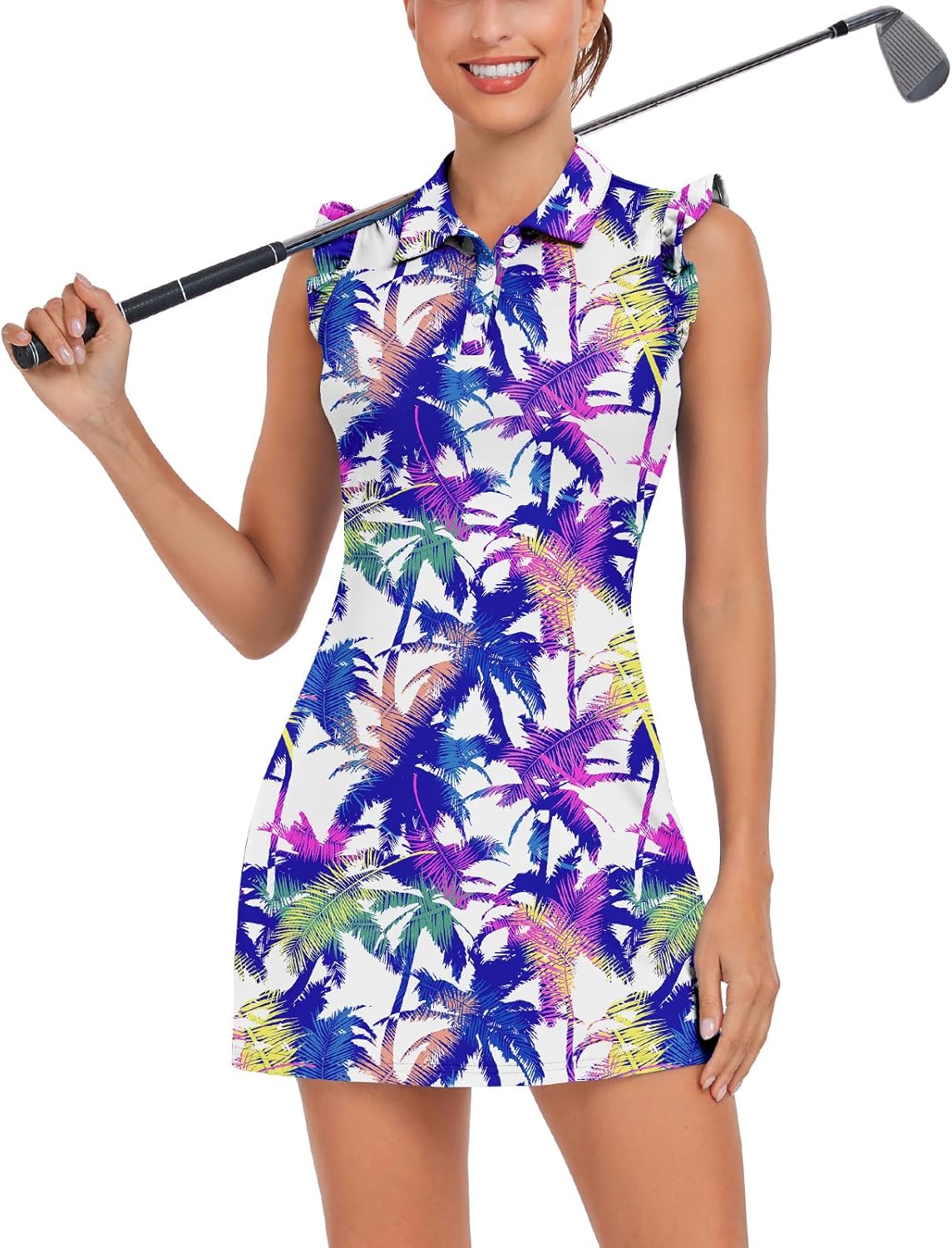 WOWENY Tennis Dress Polo Buttons Golf Dresses with Built in Shorts and Pockets Ruffle Sleeveless Athletic Workout Dress