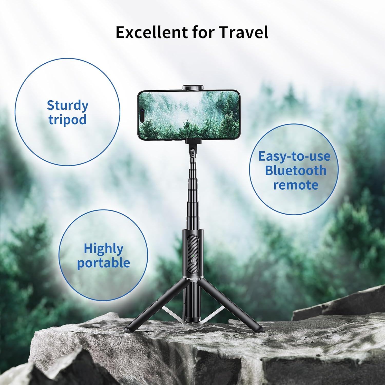 ATUMTEK Selfie Stick Tripod, 3-in-1 Extendable Aluminum Phone Tripod with Detachable Bluetooth Remote, Compatible with iPhone 17/16/15/14/13/12/11/11 Pro/XS Max/XR and Samsung Smartphones, Black