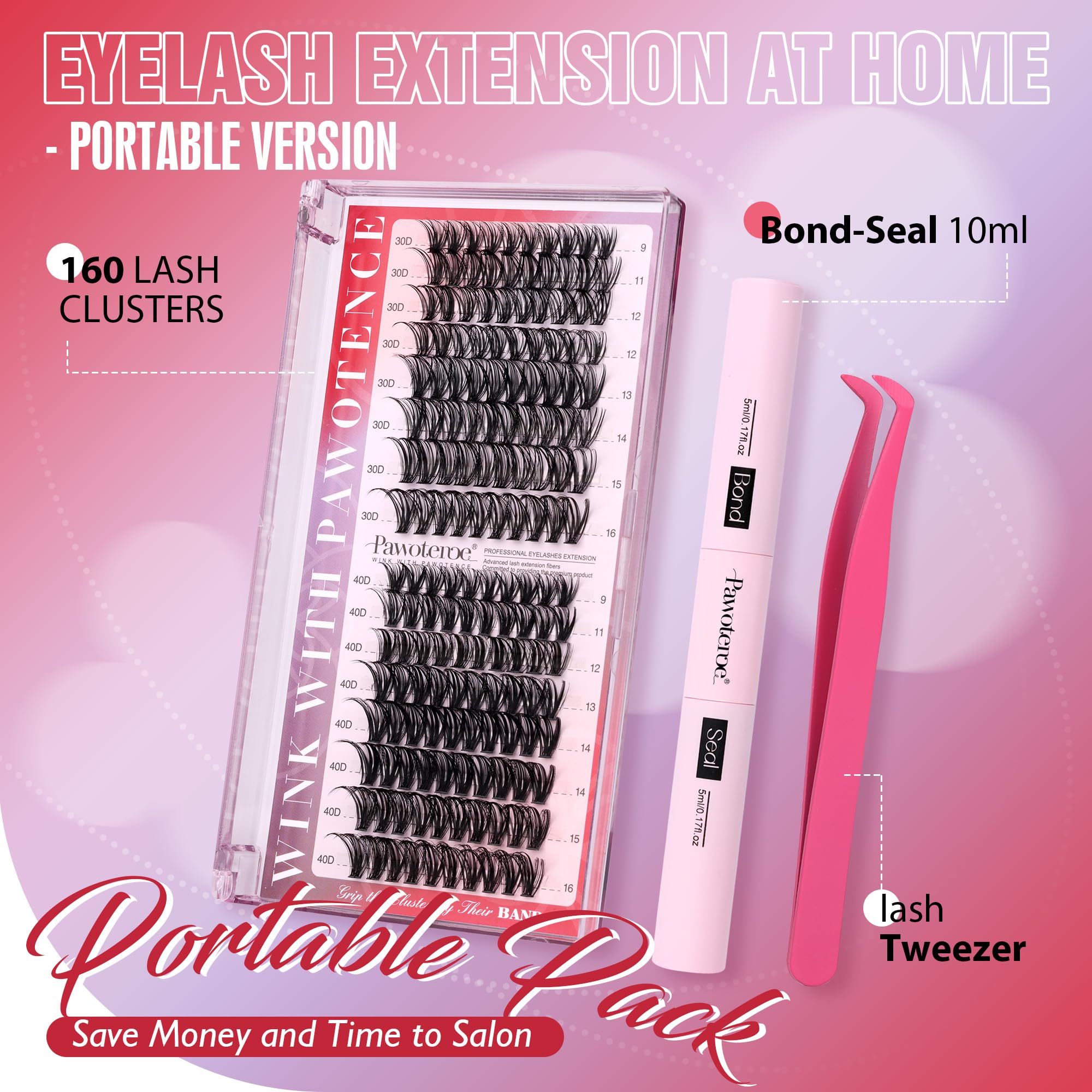 Pawotence Lash Extension Kit DIY 280pcs Lash Clusters Eyelash Extension Kit, 9-16mm 30D 40D Individual Lashes Kit with Lash Bond and Seal, Lash Tweezers for Self Use (30D&40D, 0.07D, 9-16mm, Kit)