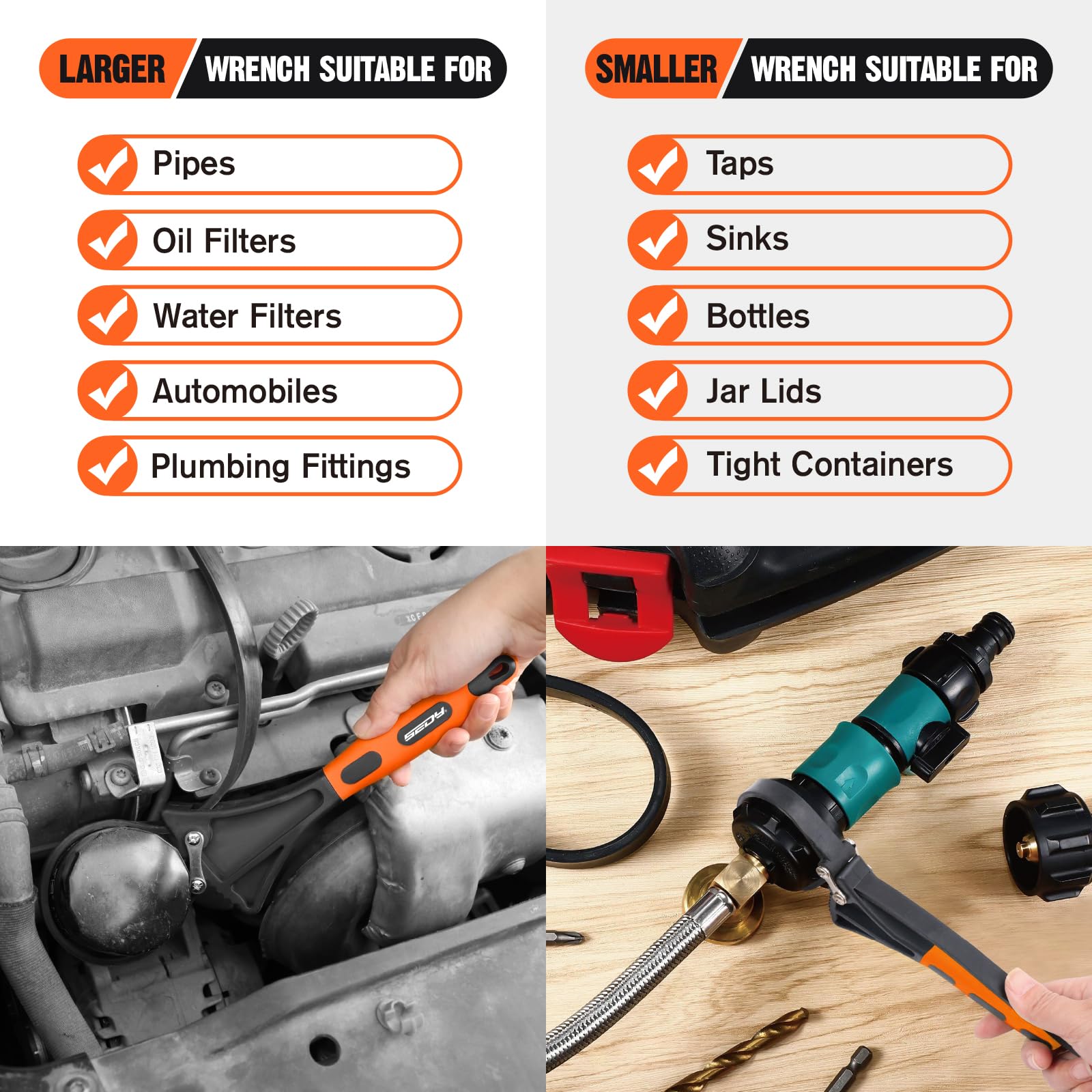 2-Piece Rubber Strap Adjustable Wrench Set Diameter 4" and 6", Oil Filter Pipe Jar Opener Strong Grip Plumbers Universal Spanner for Drain Sewer Cap Sink Pliers Nut Shower Head Valve Removal