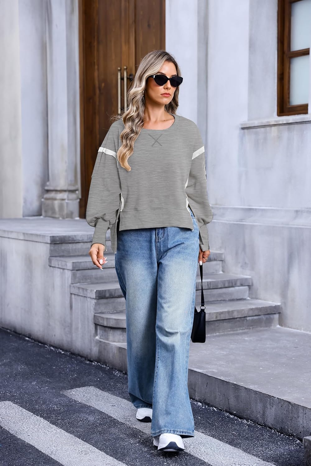 Women's Crew Neck Sweatshirts Casual Loose Long Sleeve Side Slit Oversized Reverse Seam Sweatshirt Clothes Pullover