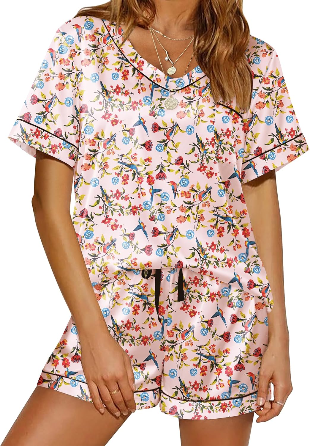 Ekouaer Silk Pajama for Women Short Sleeve Satin Pj Set Two Piece Soft Sleepwear Loungewear S-XXL