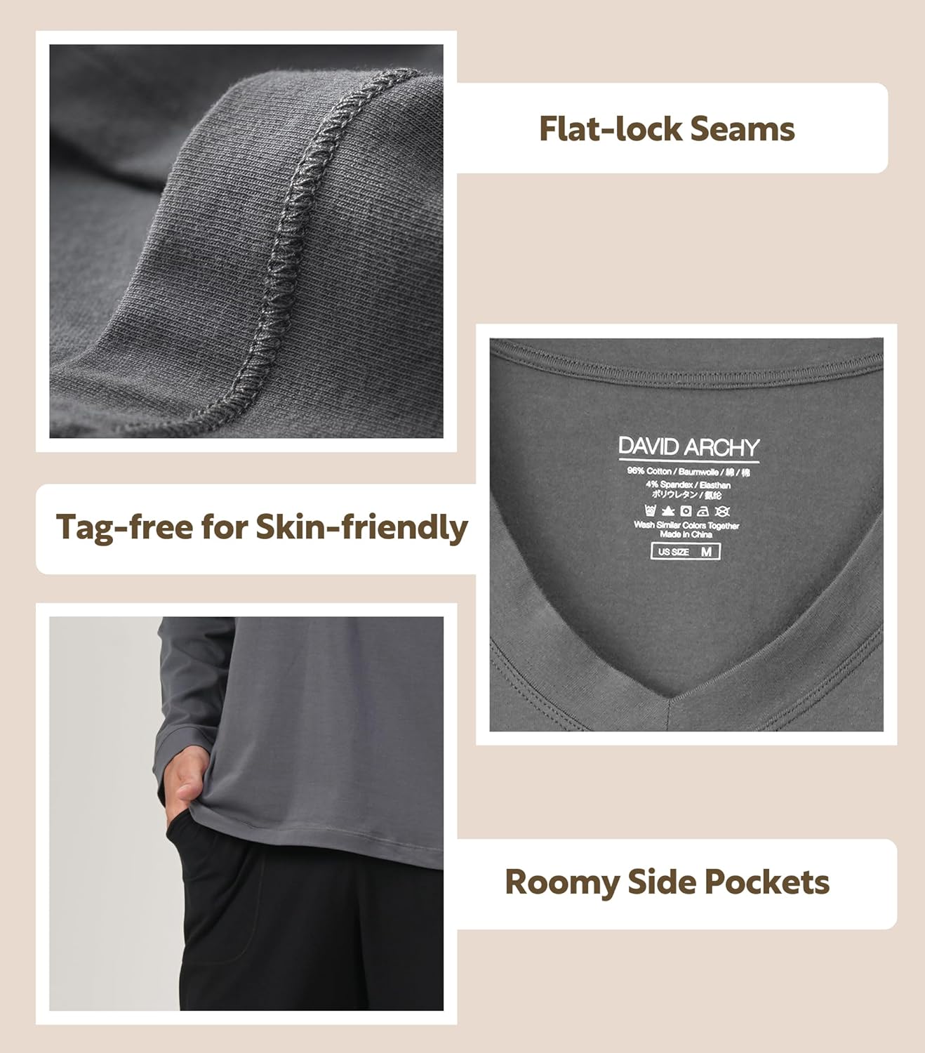 DAVID ARCHY Men's Pajamas Set Soft Cotton Long Sleeve Sleepwear Comfy Loungewear Pjs with Pockets