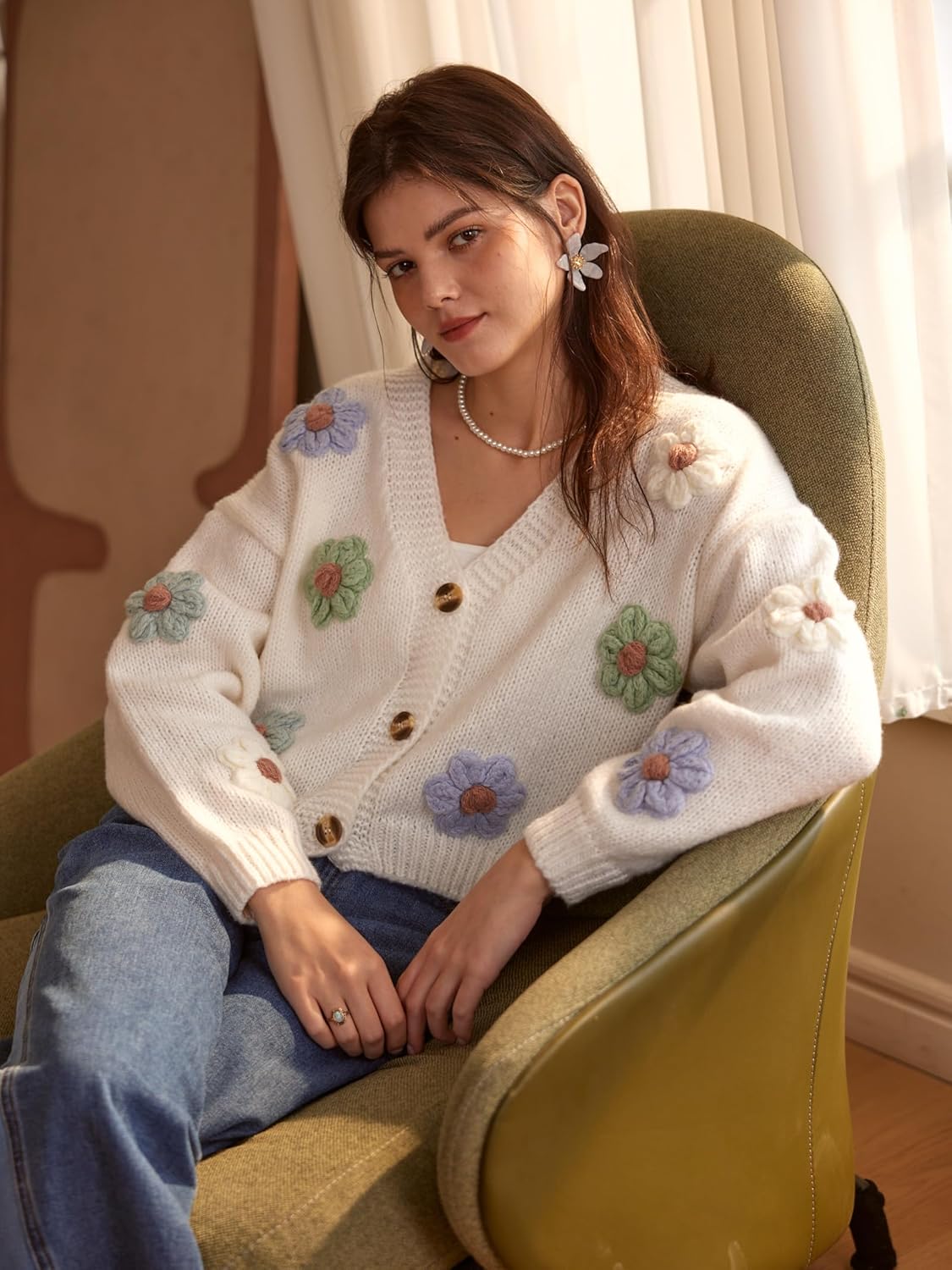 CIDER Women’s Floral Cropped Cardigan Cute Flower V Neck Button Down Trendy Sweater