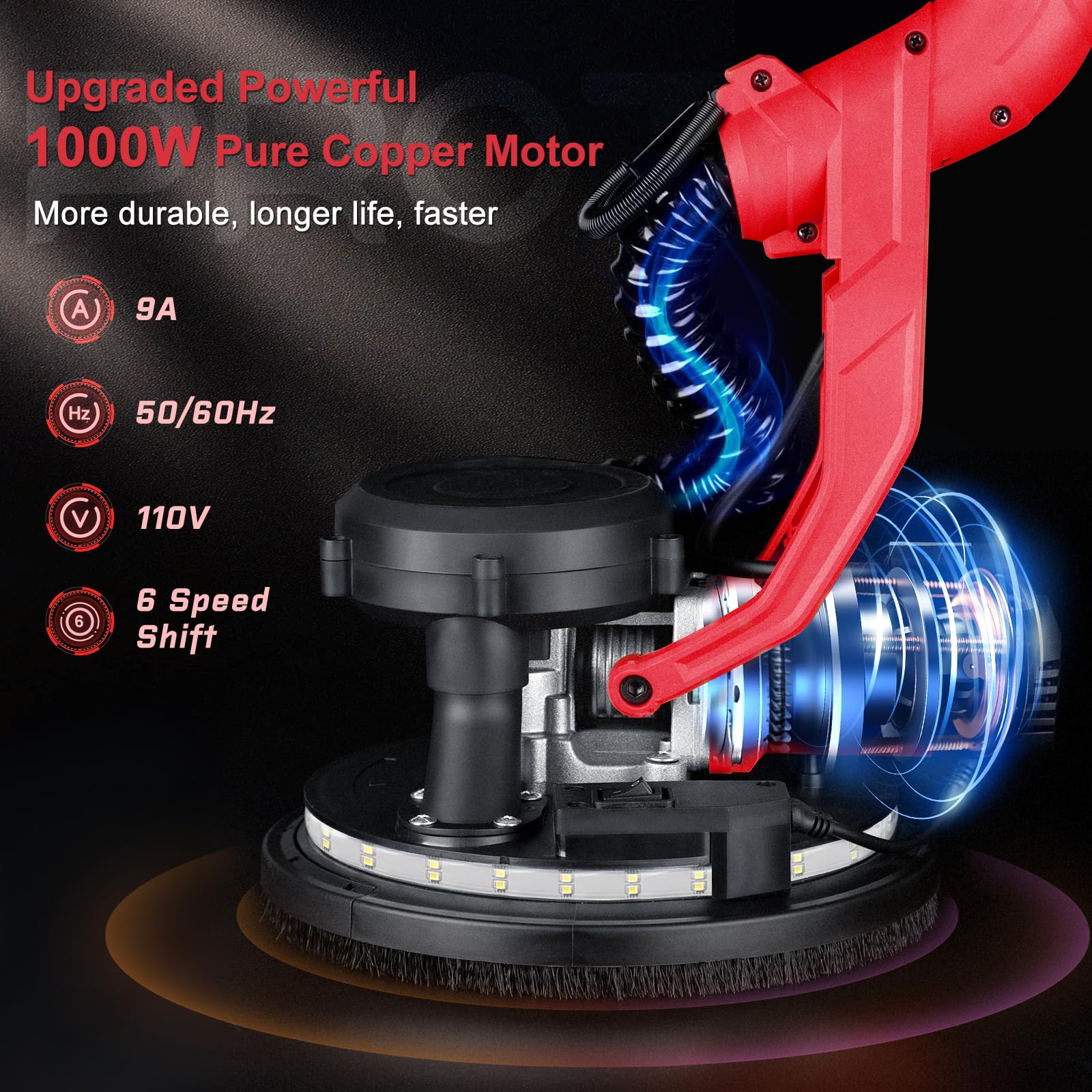 Drywall Sander, 1000W Popcorn Ceiling Removal Tool, Automatic Drywall Sander with Vacuum Dust Collection, LED Light, 6 Variable Speed 800-2200RPM,15Pcs Sanding Discs, Foldable & Extendable Handle