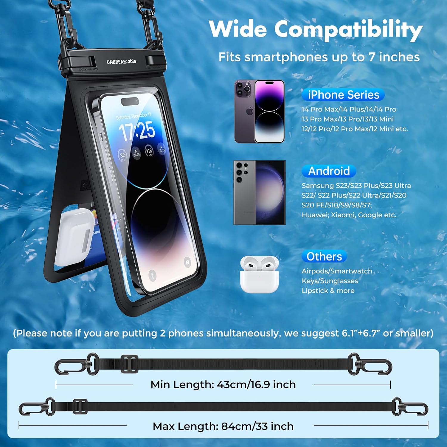 UNBREAKcable IPX8 Waterproof Phone Pouch 2-Pack, Double Space Waterproof Phone Case for iPhone 15 16 Pro Max up to 7", Cellphone Dry Bag with Lanyard for Vacation Beach Kayak Cruise Travel Essentials