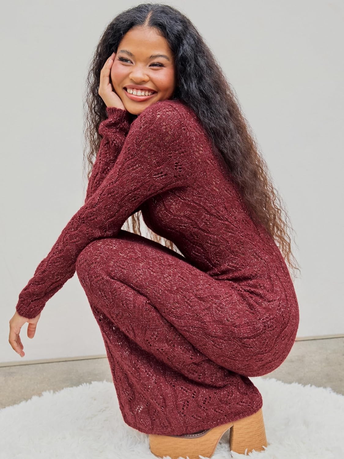 CIDER Burgundy Dress for Women Long Sweater Dresses Mesh Hollow Out Long Sleeve Crew Neck Maxi Winter Dress 2025