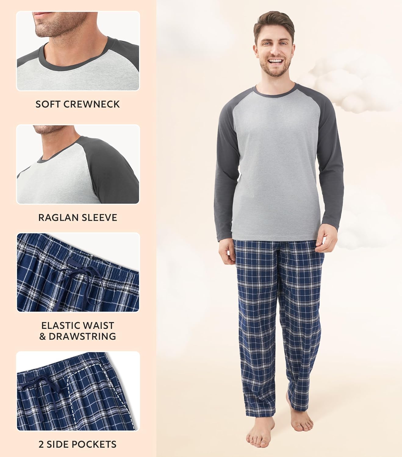 DAVID ARCHY Mens Pajamas Set - Soft Pj Sets for Men Long Sleeve Pajamas Men Cotton Mens Pjs Sets Loungewear with Pockets