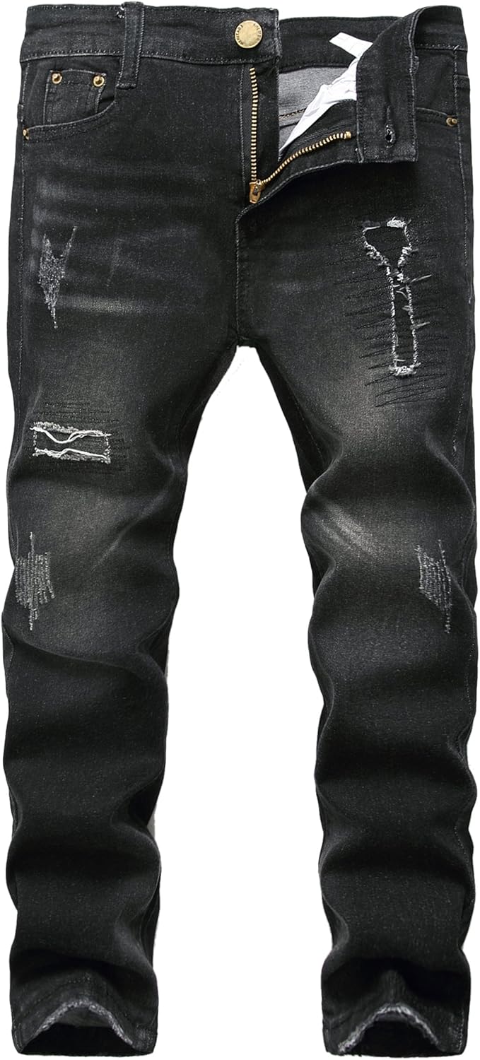 Boy's Skinny Fit Ripped Destroyed Distressed Stretch Slim Jeans Pants