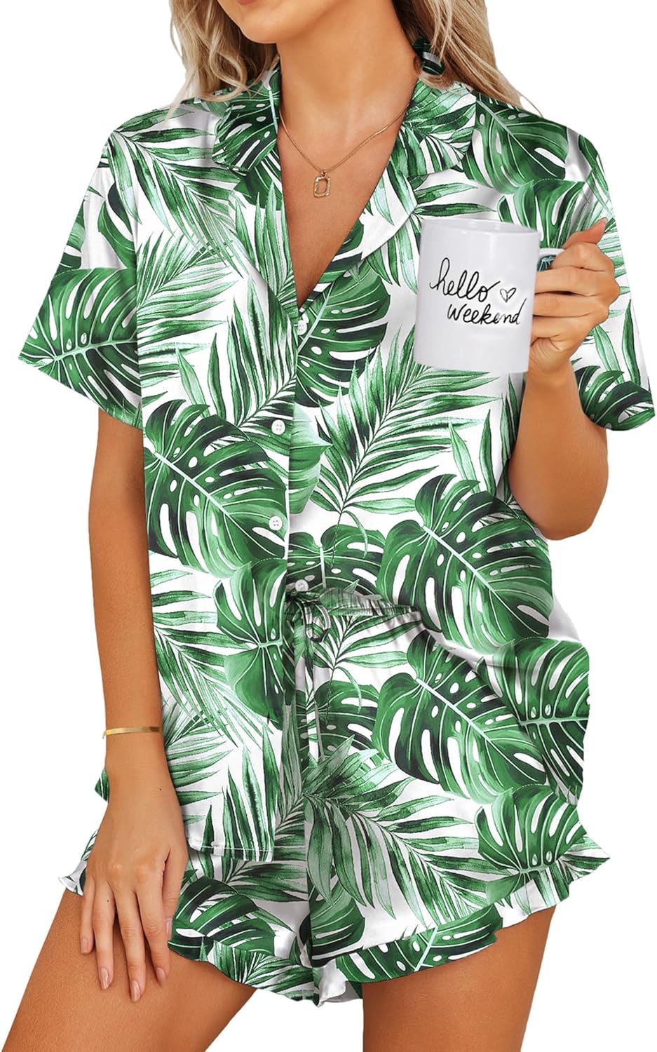 Ekouaer Womens Satin Pajamas Set Button Down 2 Piece Silk Pjs Shorts Set Ruffle Lingerie Notch Collar Sleepwear