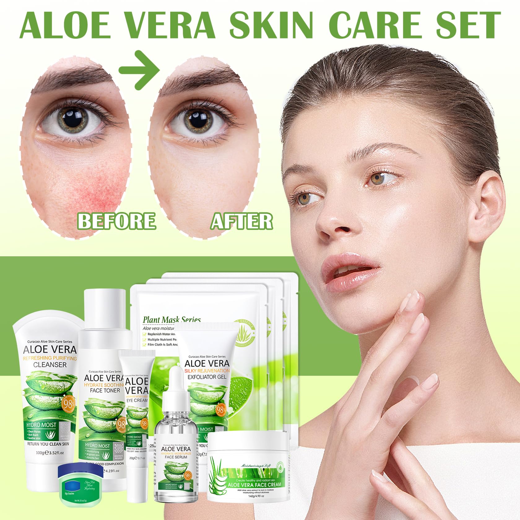 11PCS Turmeric Skincare Set, Skin Care Set with Turmeric Face Wash, Eye Cream, Toner, Facial Cream, Face Serum, Moisturizing Tinted Lip Balm, Under Eye Patches Set with 3 Honey Facial Masks