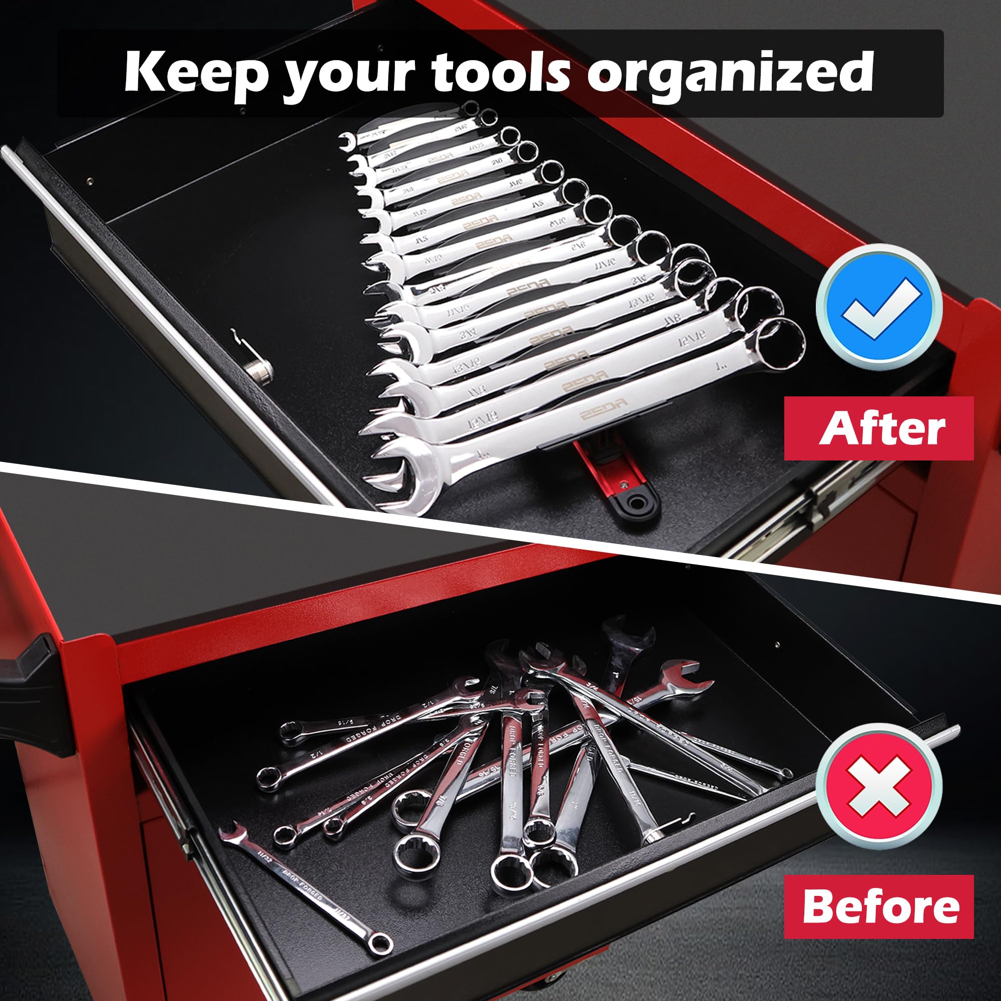 2-Pack Magnetic Wrench Organizer, 32-Slot Premium Wrench Rack Holder Tool Trays for Toolboxes Drawer Storage, SAE (1/4" - 1-1/16") & Metric (6mm - 24mm)