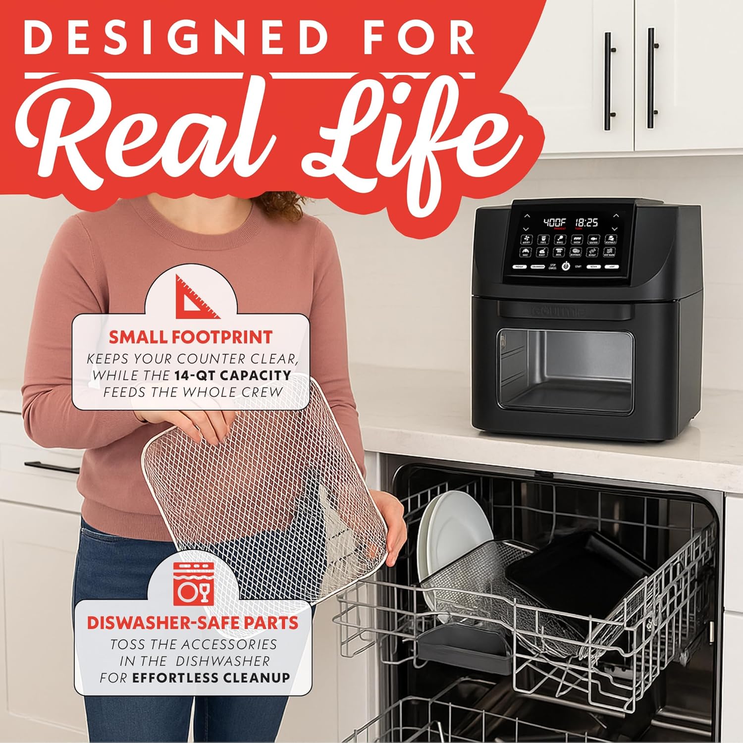 Gourmia Air Fryer Toaster Oven Combo - All-in-One 14-Quart Digital Air Fryer Toaster Oven with Rotisserie & Dehydrator – 12 Presets, Guided Cooking Prompts, 1750W, Dishwasher-Safe Accessories