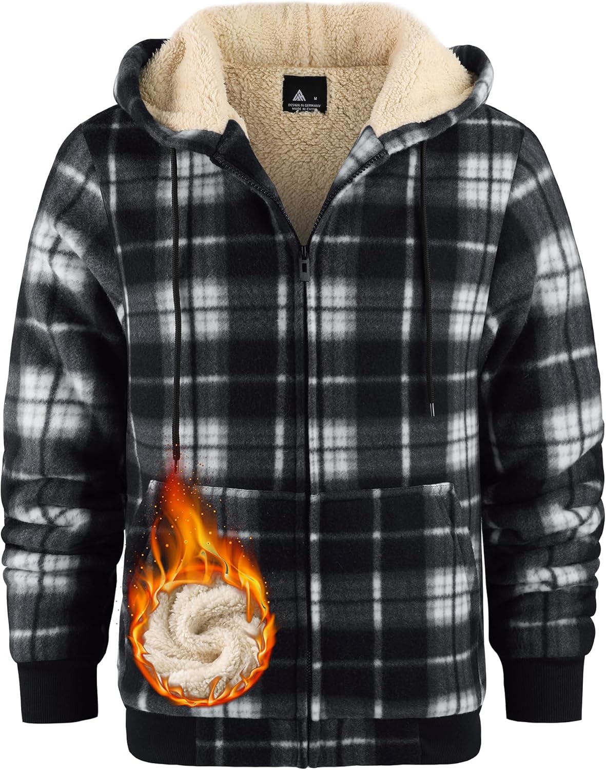 Mens Plaid Hoodies Winter Zip Up Fleece Jacket Sherpa Fleece Lined Warm Flannel Jacket Coat