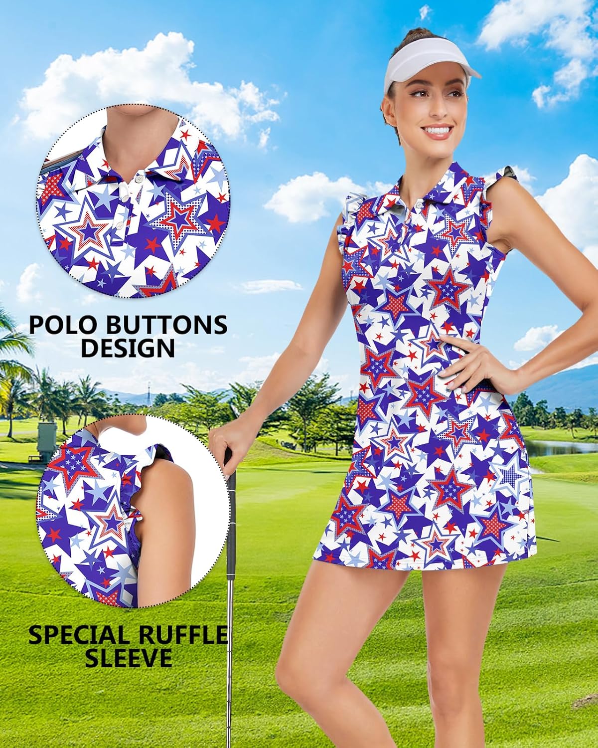 WOWENY Tennis Dress Polo Buttons Golf Dresses with Built in Shorts and Pockets Ruffle Sleeveless Athletic Workout Dress