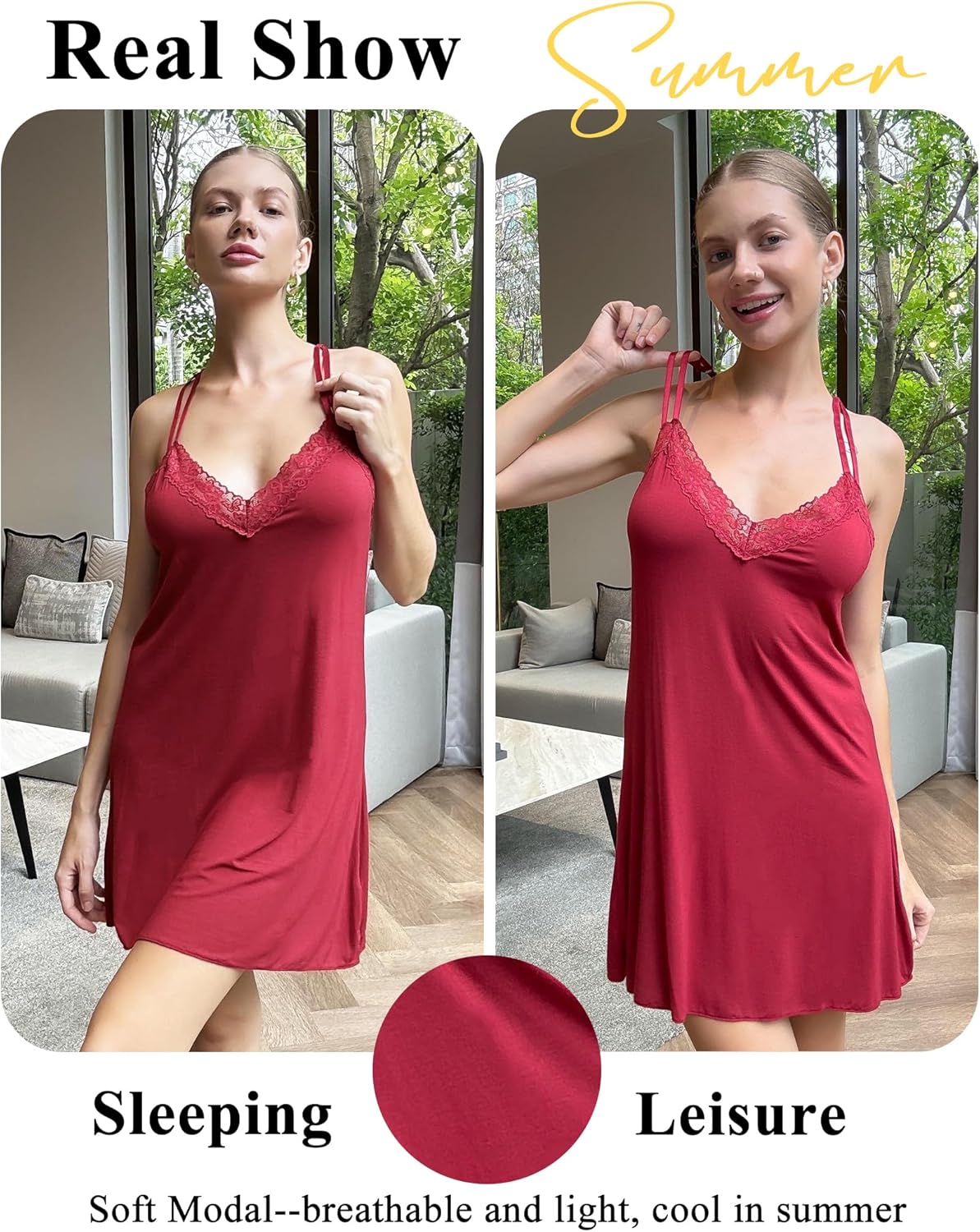 Avidlove Women's Nightgown Sexy Nightwear Modal Sleepwear Babydoll Lace Chemise Nightie V-Neck Full Slip Spaghetti Strap
