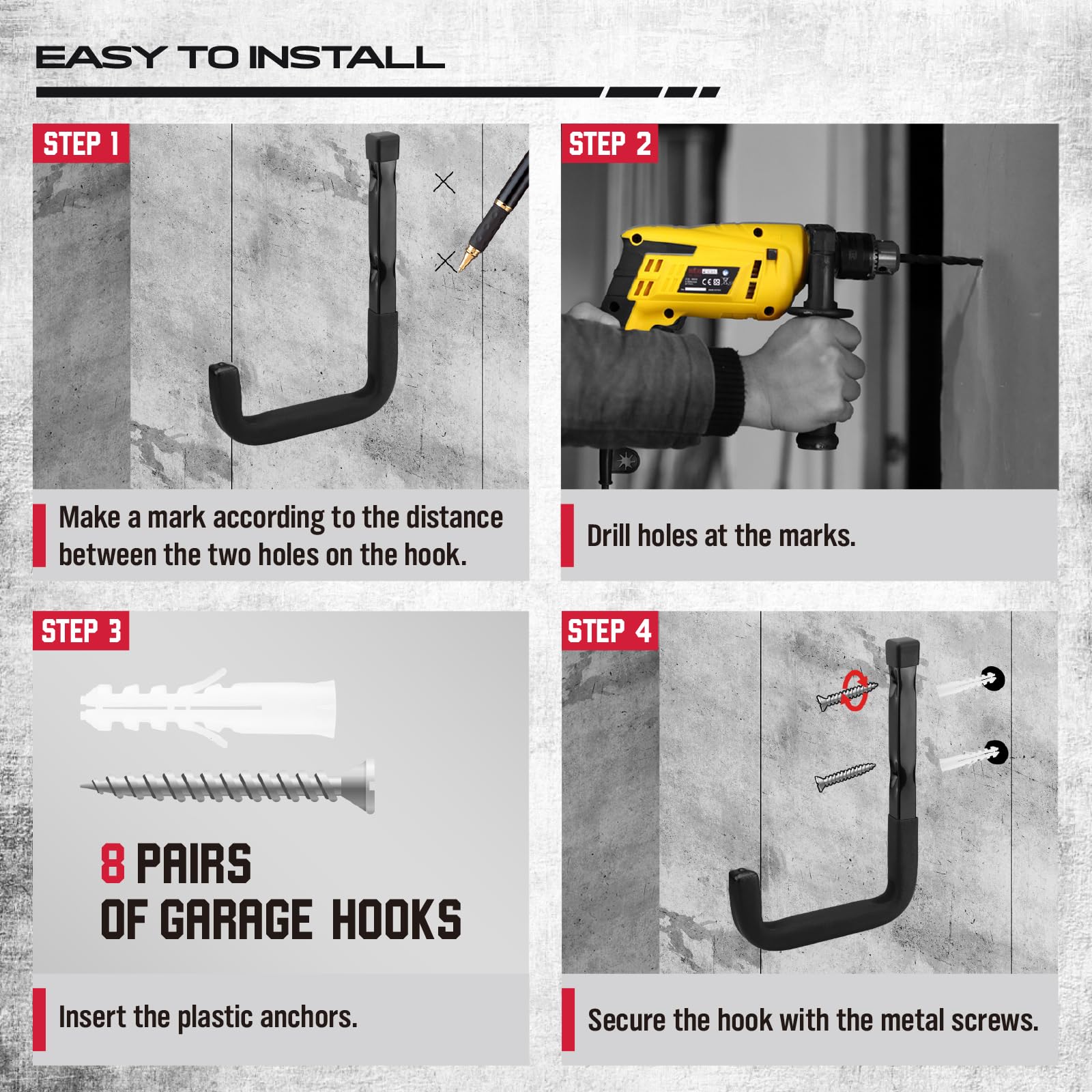 SEDY 6-Piece Heavy Duty Garage Storage Hooks, Wall Mount J Utility Hooks Holds 88 LB, Large Metal Utility, Garage Storage Ladders for Bikes, Garden Tools