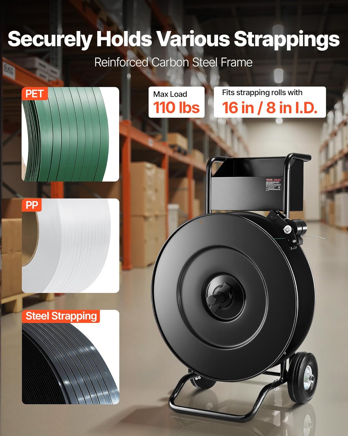 VEVOR Banding Strapping Cart, Fit for PET/PP/Steel Strapping Coils with 8 or 16 inches Core Size, Heavy Duty Strapping Dispenser Equipped with Upgrade Drum Brake, Built-in Spacious Tray for Tools