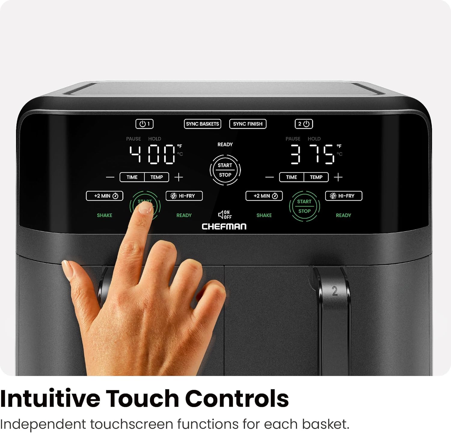 Chefman 6 Quart Dual Basket Air Fryer - Digital Touchscreen, Smart Sync Finish, Hi-Fry, Auto Shutoff, 2 Independent 3QT Nonstick Dishwasher-Safe Frying Baskets - Digital Double Air Fryer - Black
