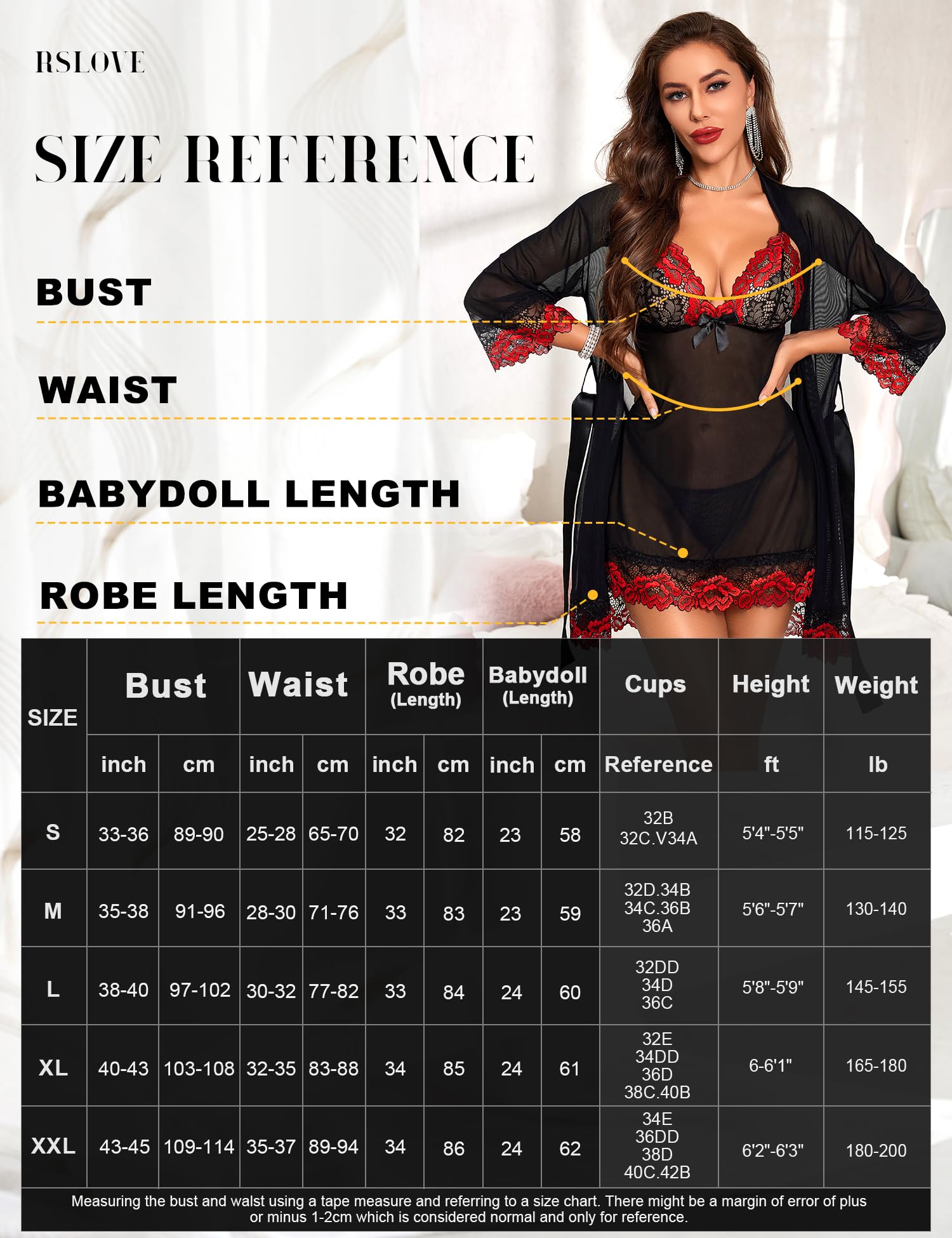 RSLOVE Women Sexy Lingerie Set 3 Piece Babydoll & Lace Kimono Robe Strap Chemise Mesh Nightgown Wine Red M