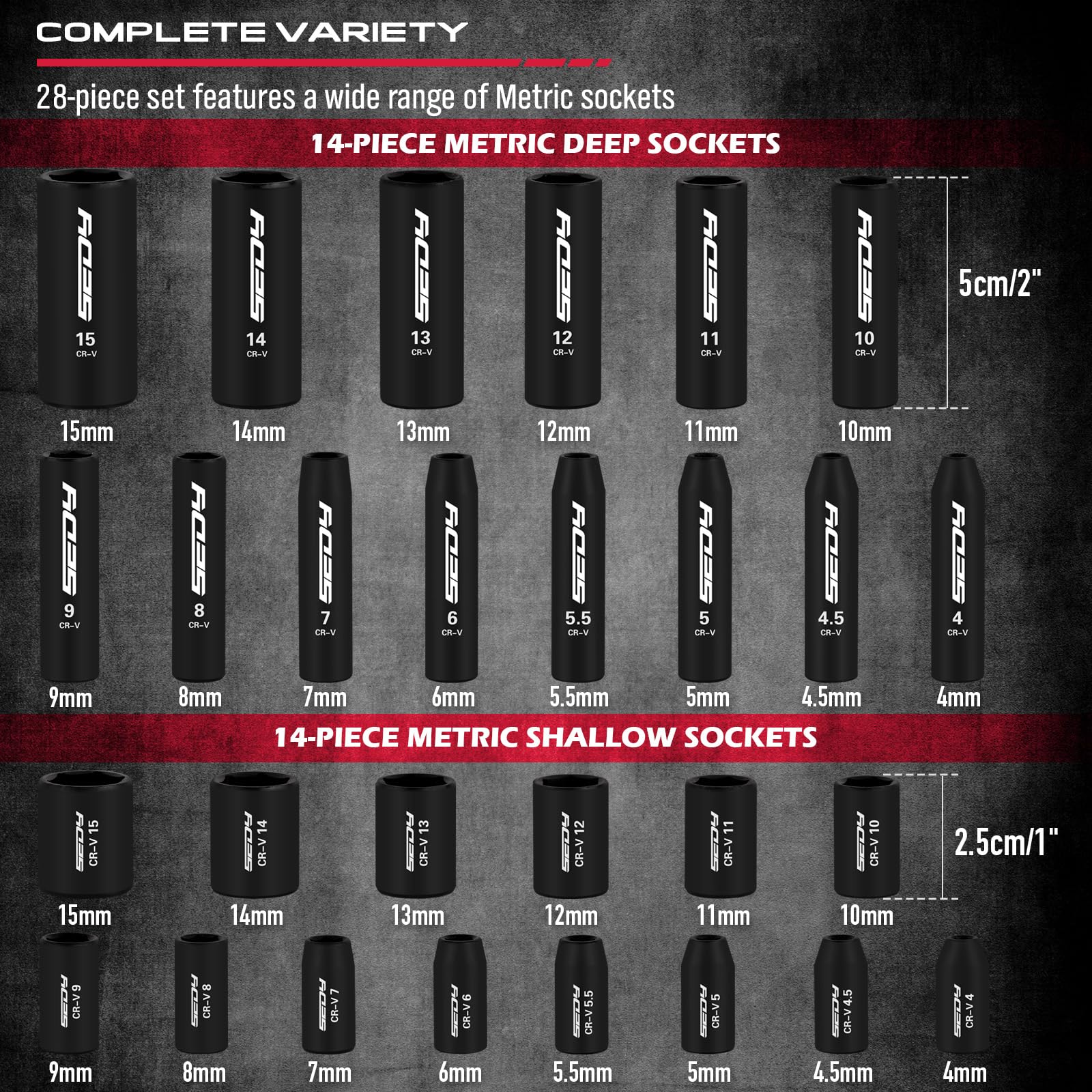 29-Piece 1/2" Drive Impact Socket Set, SAE (3/8 to 1 inch) and Metric (10-24mm) Sizes with Extension Bars Standard Deep Socket Set CR-V Material High Durability Impact Wrench