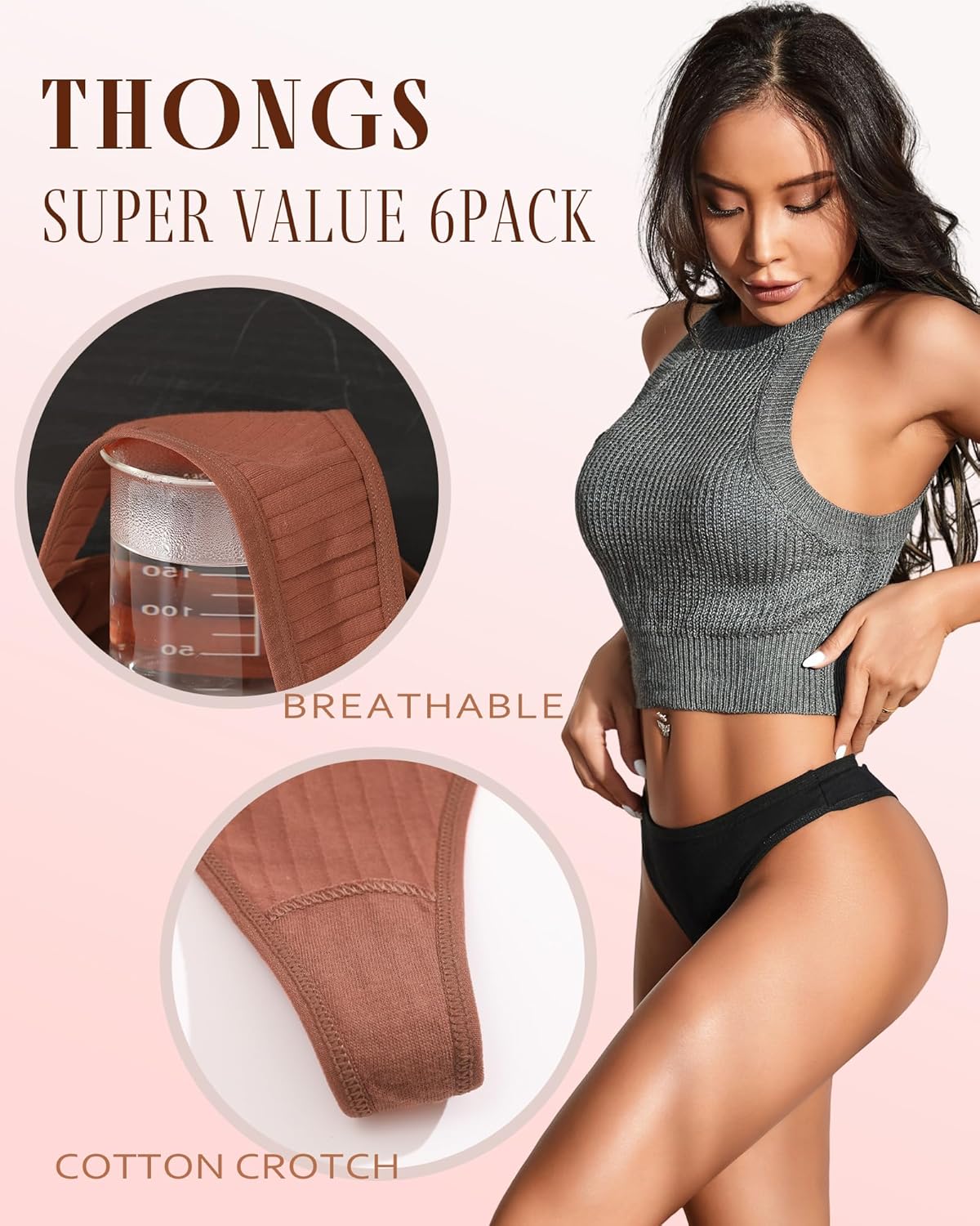 FINETOO Cotton Thongs for Women Soft Low Rise Sexy Thong Ladies Panties Womens Underwear 6 Pack S-XXXL