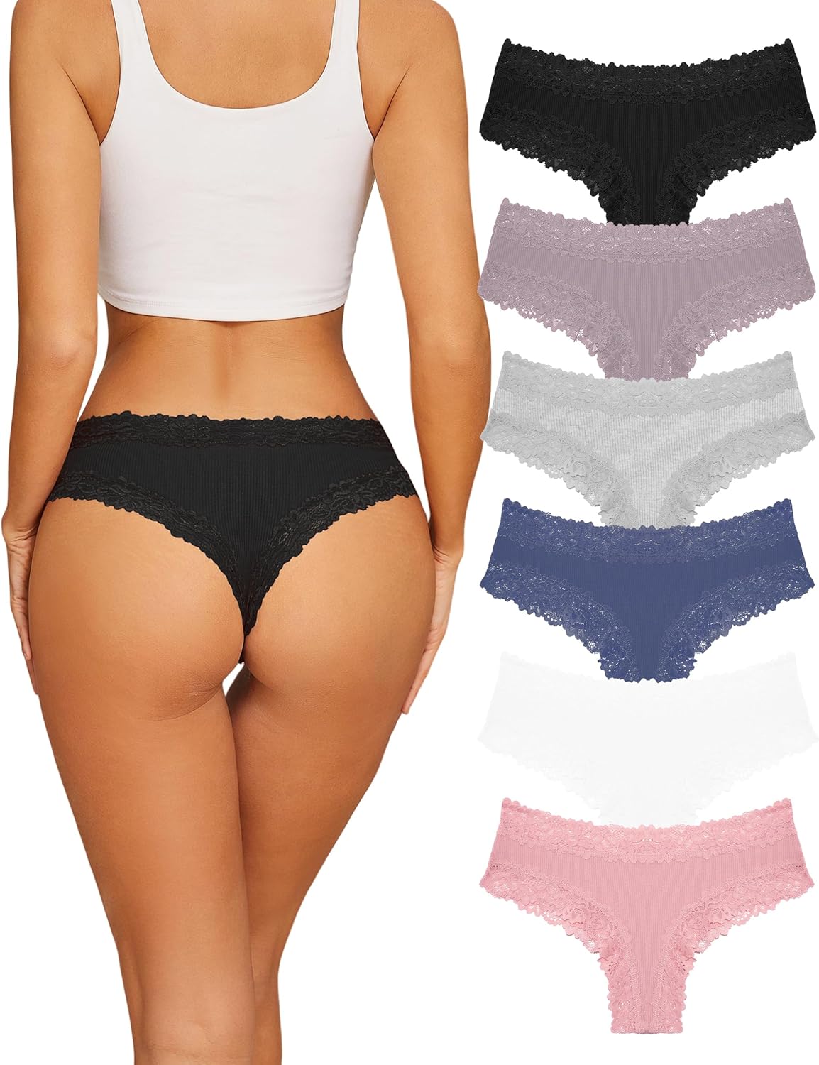 Sth Big Womens Cotton Underwear Sexy Lace Brazilian Panties Soft Breathable Cotton Bikini for Ladies 6 Pack