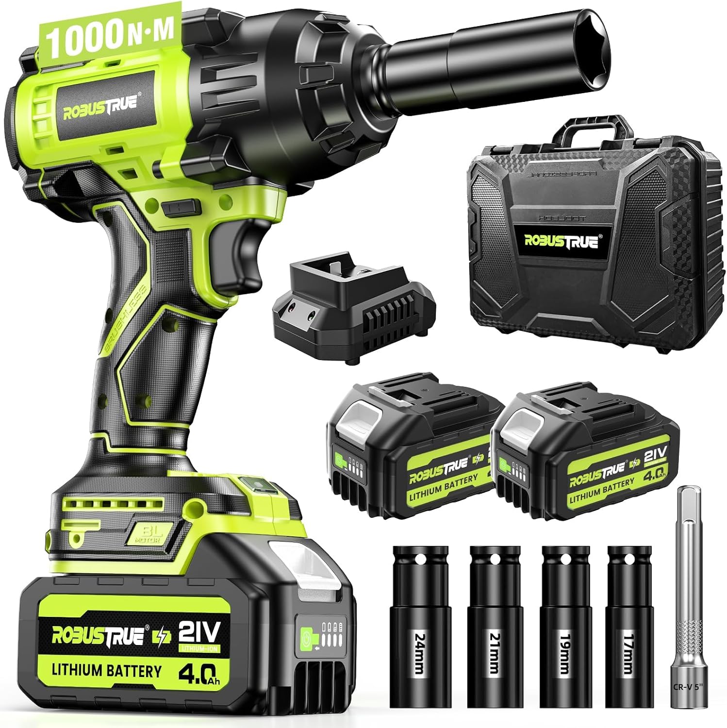 Cordless Impact Wrench 738ft-lbs (1000N.m), High Torque Brushless 1/2 Impact Gun, 2 x4.0Ah Battery 21V Max, Fast Charger, 4 Sockets, Impact Wrench for Home Car Tires Truck Mover