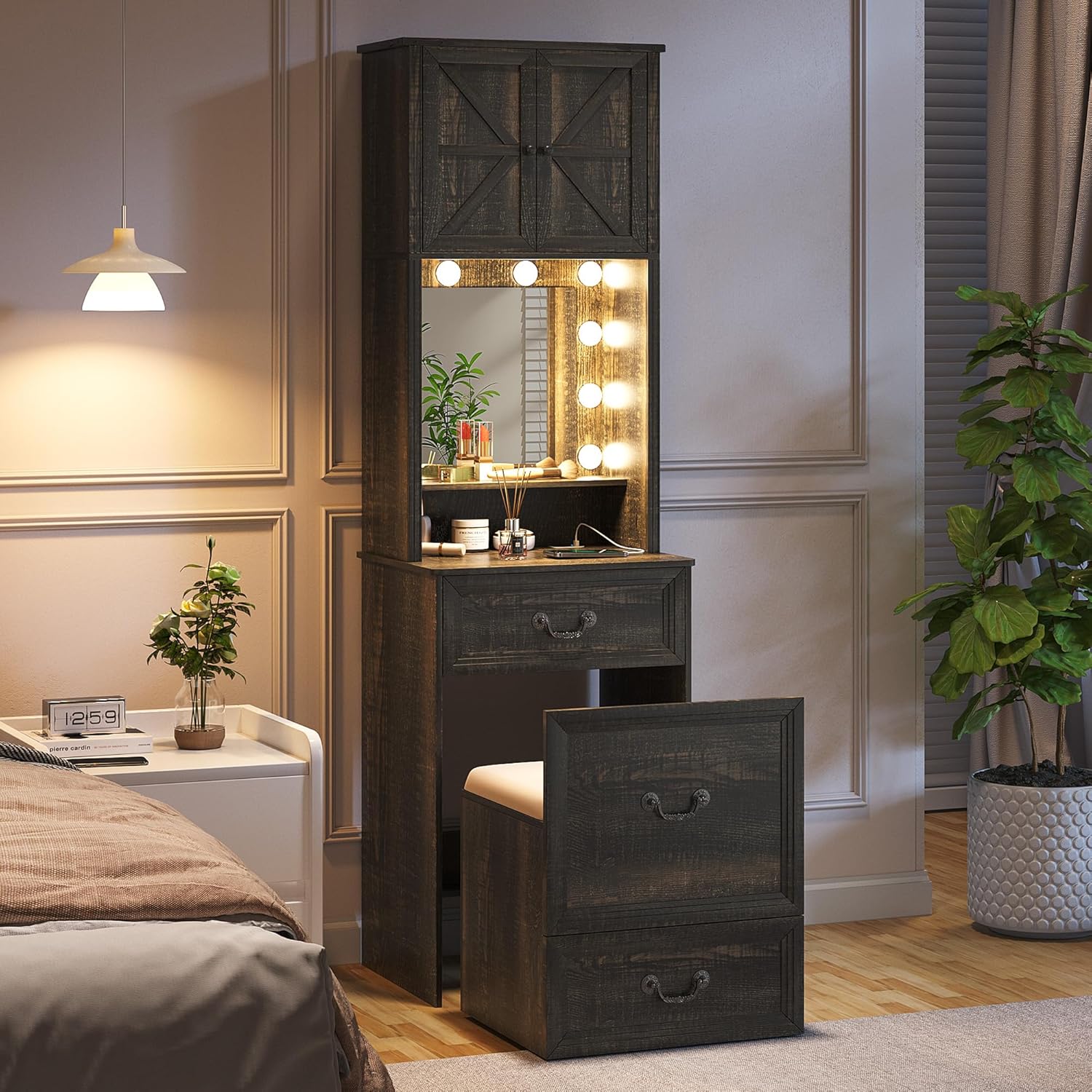 Vanity Desk with Mirror and Lights, Compact Makeup Table w/Storage Drawers & Shelves, Farmhouse Vanity Table with Hidden Chair for Bedroom, Gift for Girls Lady, Rustic Brown