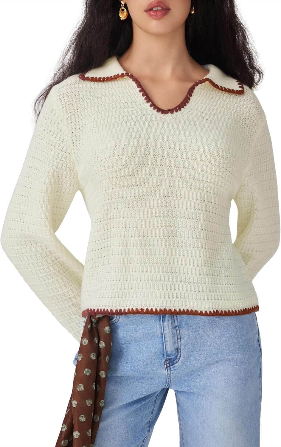 CIDER Sweaters for Women Trendy Color Trim Cute Long Sleeve V Neck Collared Knit Pullover Sweater Tops Fall Outfits