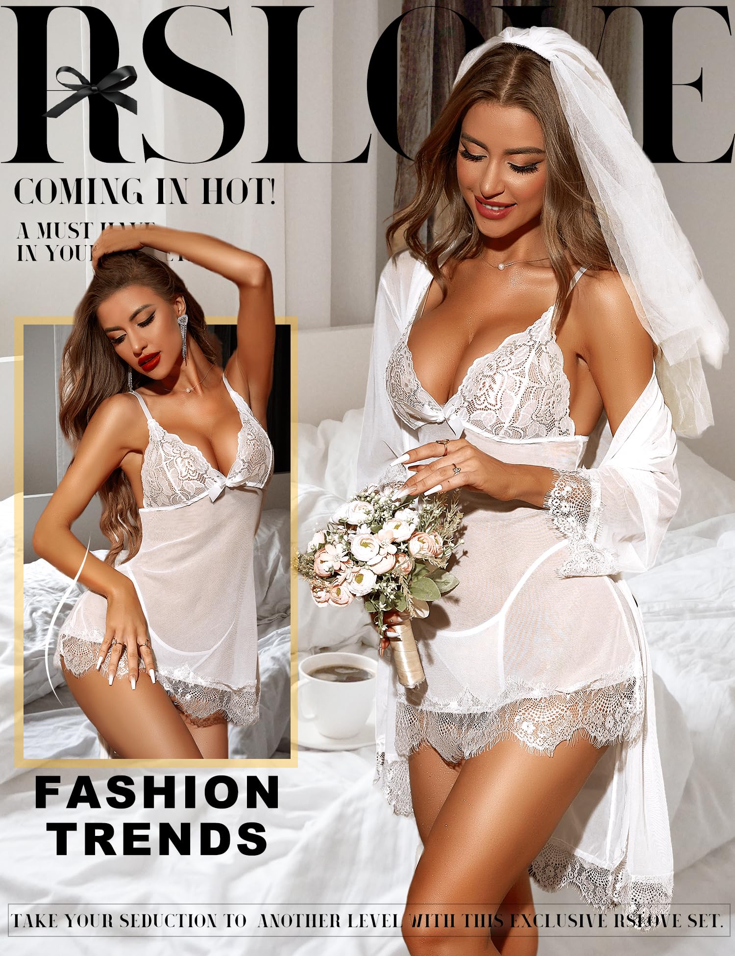 RSLOVE Women Sexy Lingerie Set 3 Piece Babydoll & Lace Kimono Robe Strap Chemise Mesh Nightgown Wine Red M