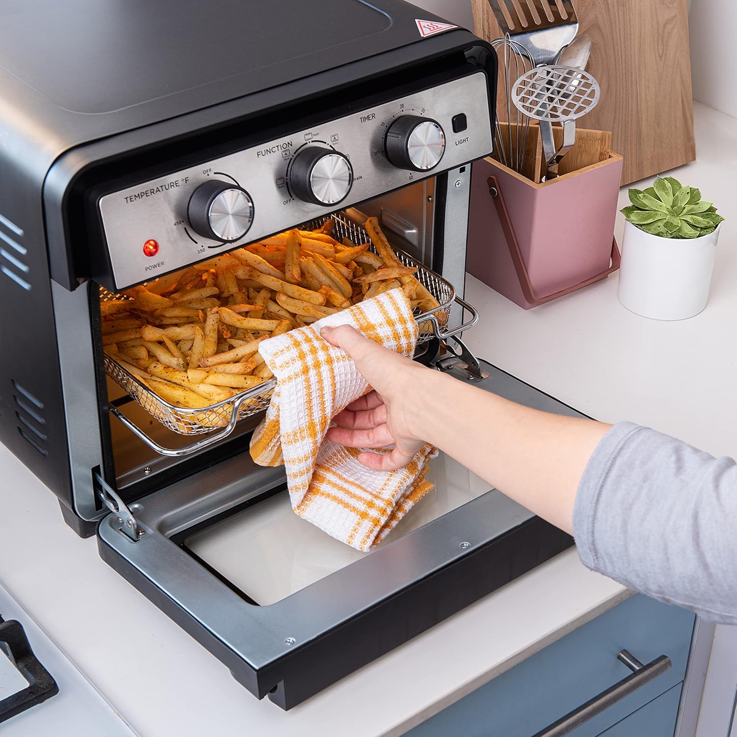 Moss & Stone Air Fryer Oven, 6-in-1 Toaster Oven 23 Quart, Airfryer Toaster Oven For Roast, Bake, Broil, Stainless Steel Accessories Included, Black Convection Oven Countertop.