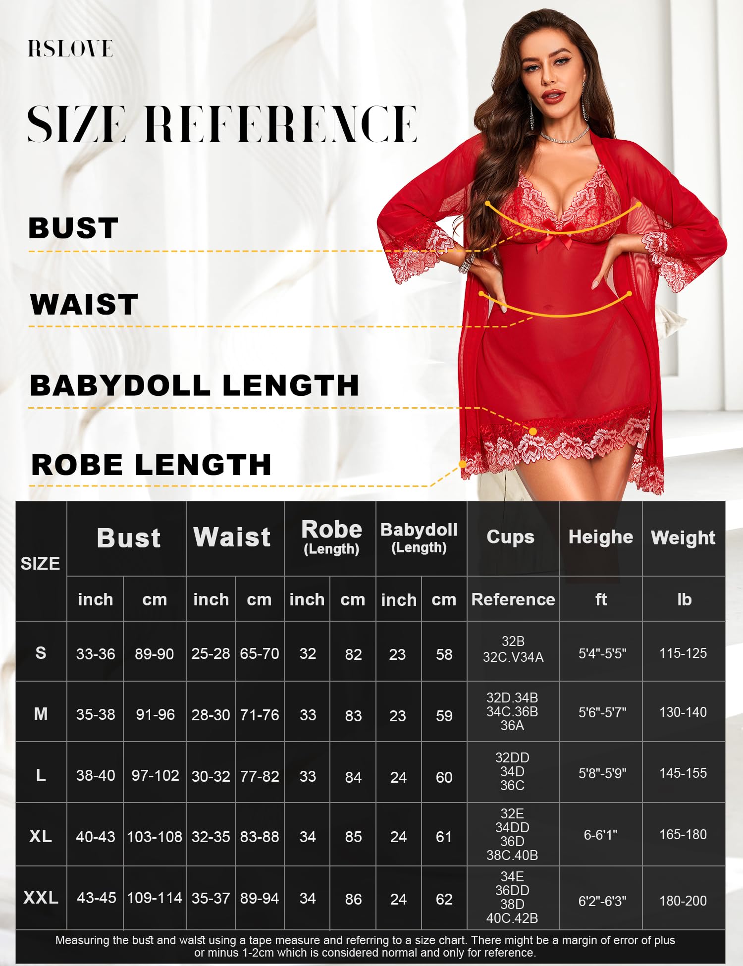 RSLOVE Women Sexy Lingerie Set 3 Piece Babydoll & Lace Kimono Robe Strap Chemise Mesh Nightgown Wine Red M