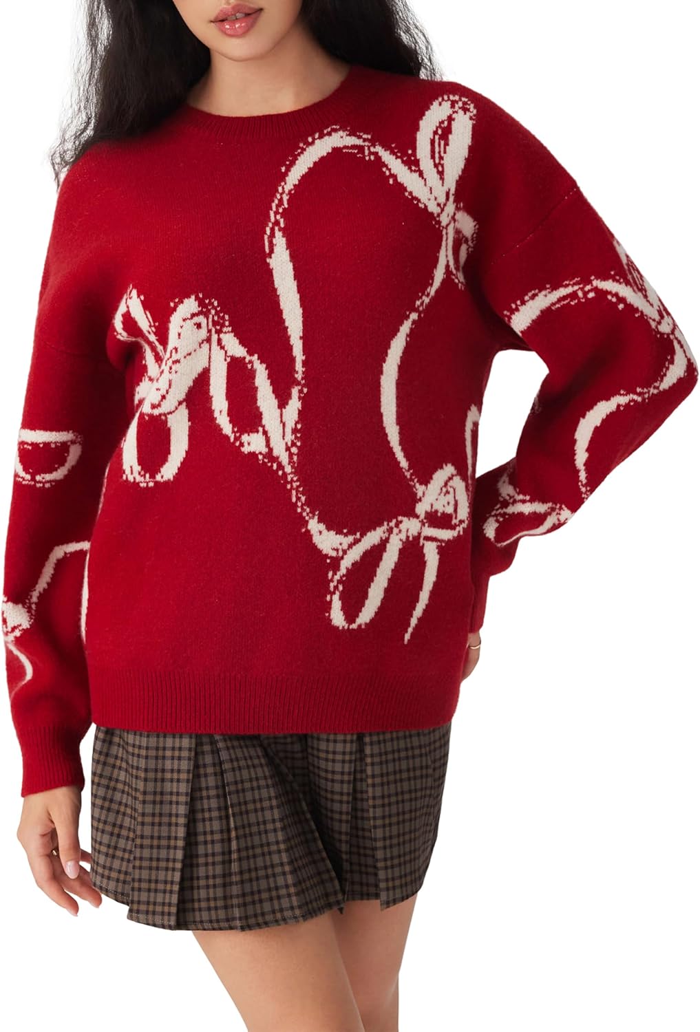 CIDER Womens Sweater Bow Knot Cute Y2k Long Sleeve Crew Neck Pullover Tops