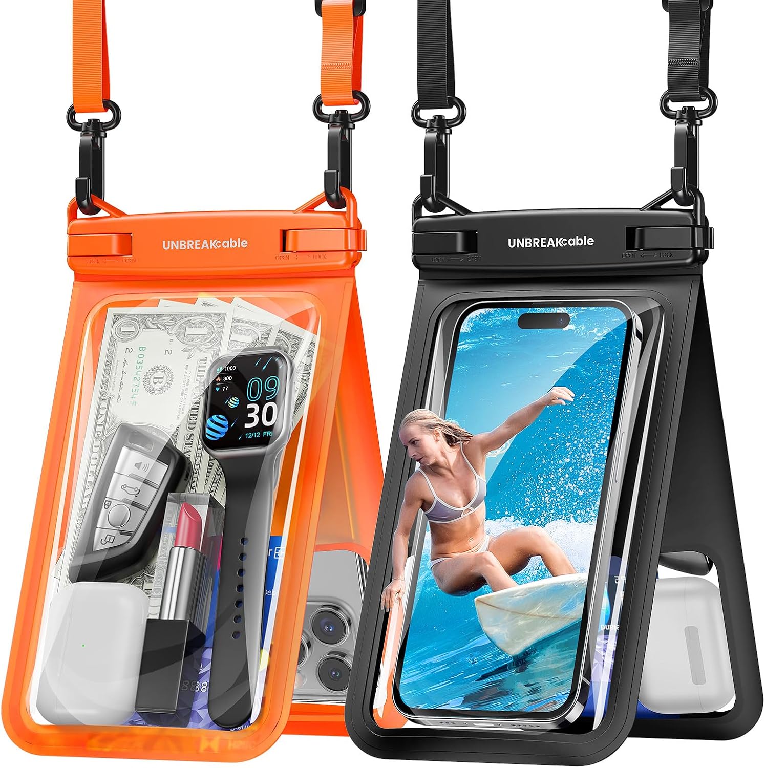 UNBREAKcable IPX8 Waterproof Phone Pouch 2-Pack, Double Space Waterproof Phone Case for iPhone 15 16 Pro Max up to 7", Cellphone Dry Bag with Lanyard for Vacation Beach Kayak Cruise Travel Essentials