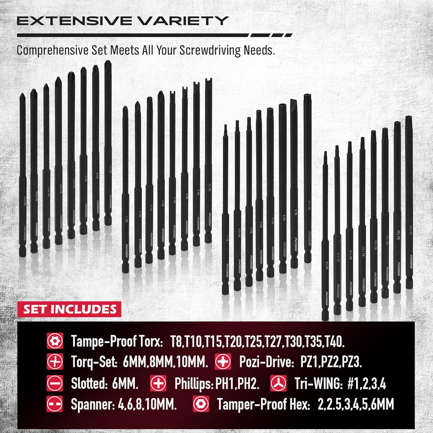 Extra Long Security Bit Set: 32-Piece S2 Steel Screwdriver Drill Bits for Tamper-Proof Screws, 6" Torx, PoziDriv, Spanner, Tri-Wing - Universal 1/4" Hex Shank for Electric, Impact Drills