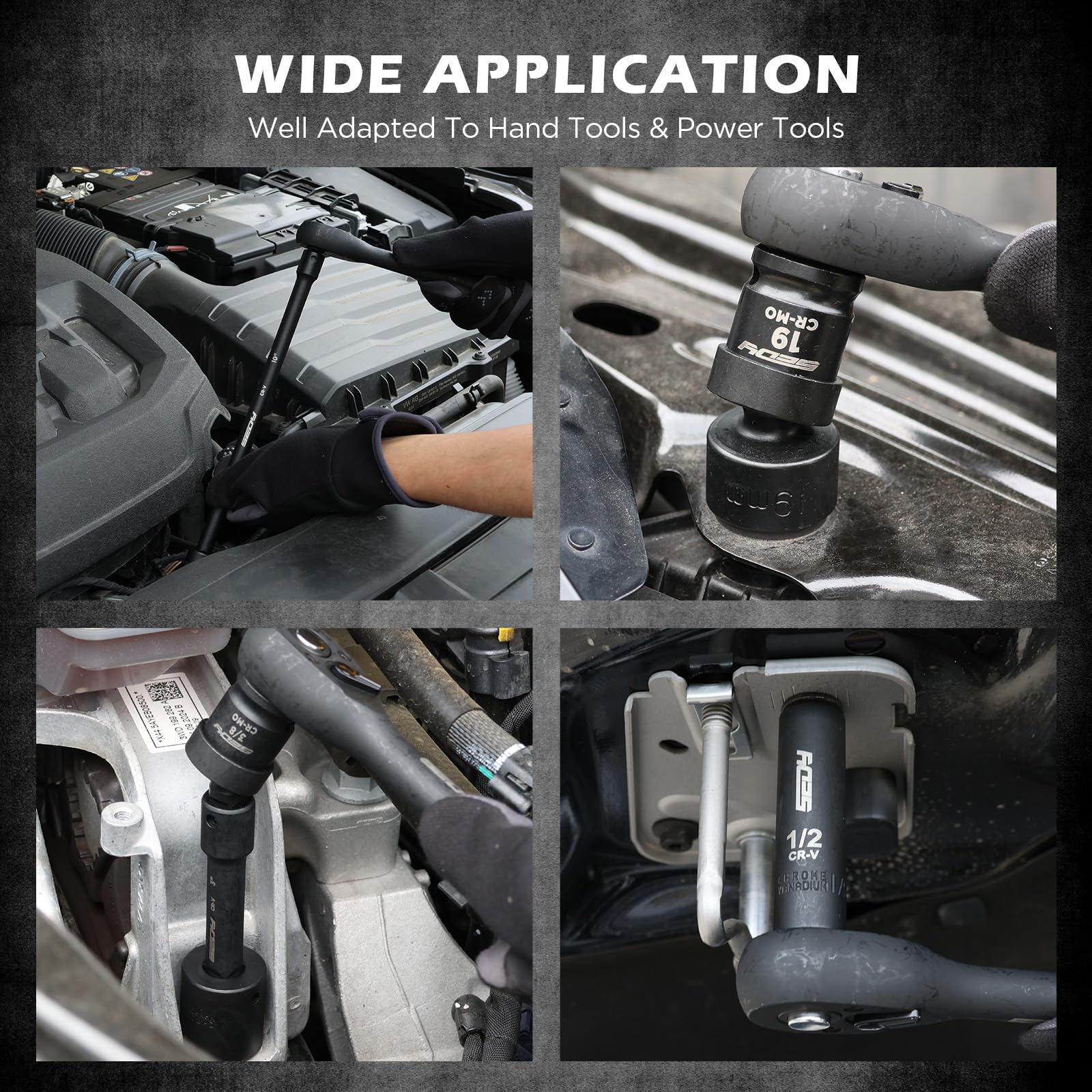29-Piece 1/2" Drive Impact Socket Set, SAE (3/8 to 1 inch) and Metric (10-24mm) Sizes with Extension Bars Standard Deep Socket Set CR-V Material High Durability Impact Wrench