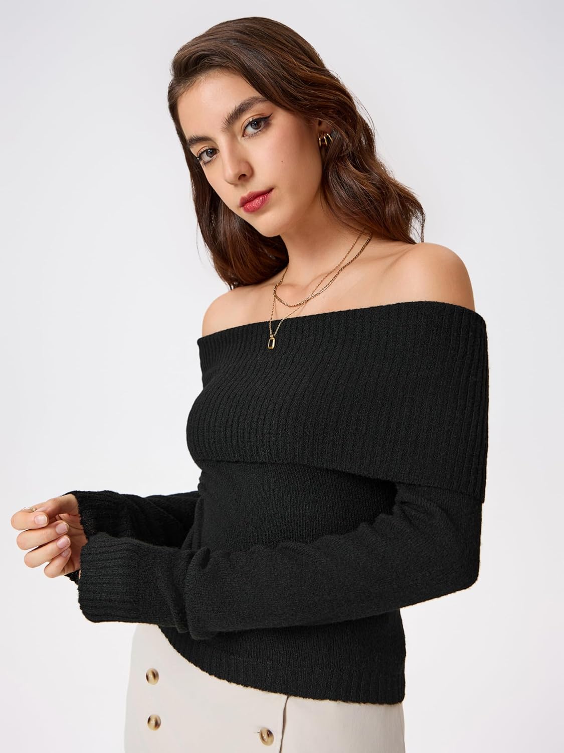 CIDER Women’s Off Shoulder Knitted Long Sleeve Tops Fall Pullover Sweater