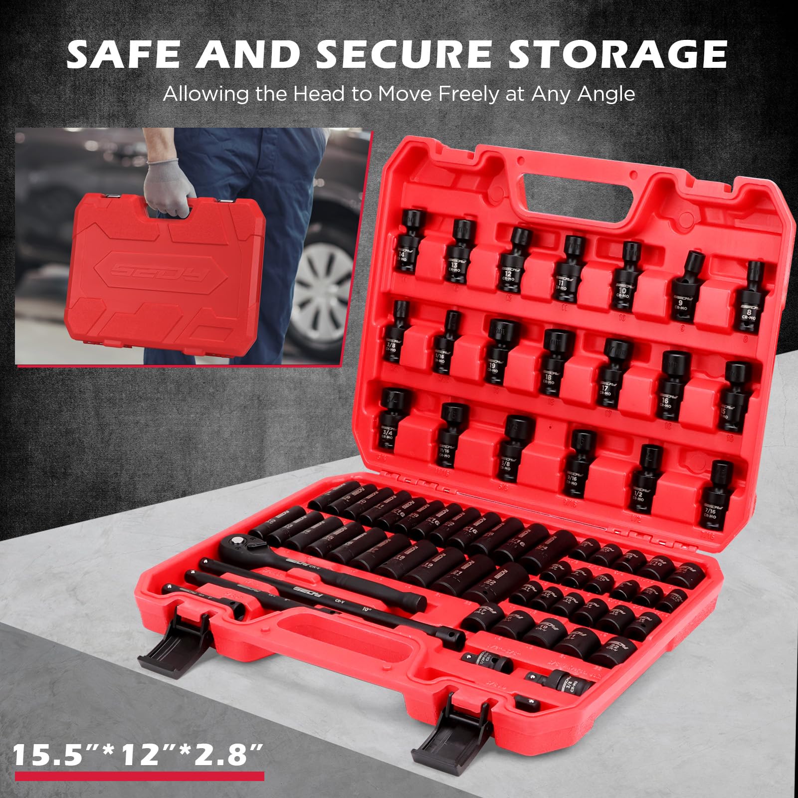 29-Piece 1/2" Drive Impact Socket Set, SAE (3/8 to 1 inch) and Metric (10-24mm) Sizes with Extension Bars Standard Deep Socket Set CR-V Material High Durability Impact Wrench