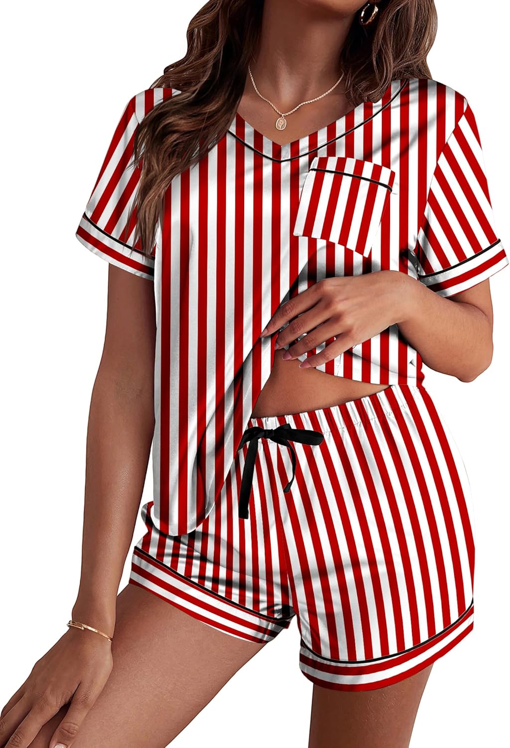 Ekouaer Silk Pajama for Women Short Sleeve Satin Pj Set Two Piece Soft Sleepwear Loungewear S-XXL