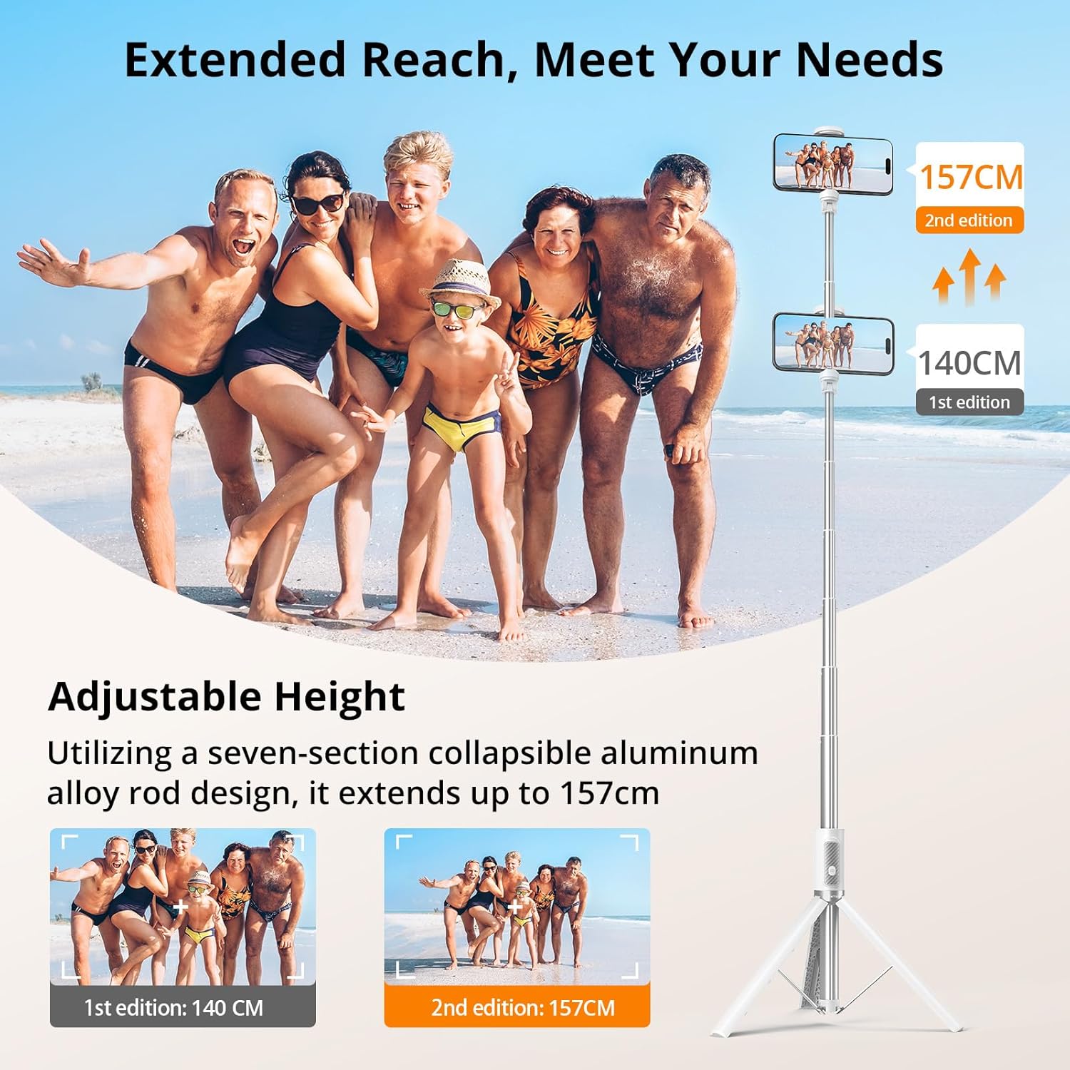 ATUMTEK 62" Selfie Stick Tripod, Extendable Aluminum Tripod with Rechargeable Bluetooth Remote, Compatible with iPhone and Android Smartphones, Perfect for Travel, Vlog, Video and Photo, White
