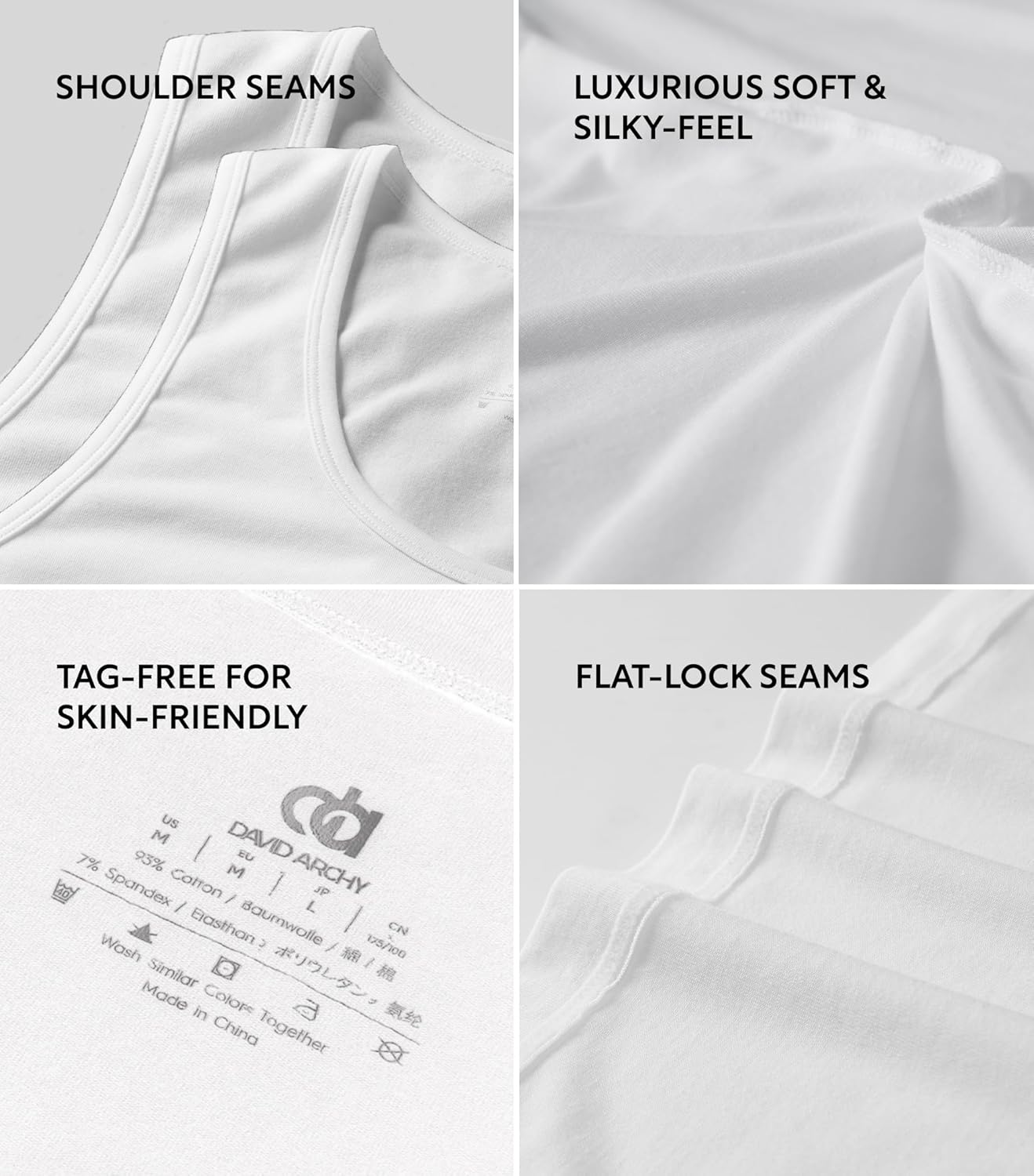 DAVID ARCHY Men's Undershirts Combed Cotton Tank Tops Soft Moisture-Wicking Shirt Breathable A-Shirt for Men 3 Pack