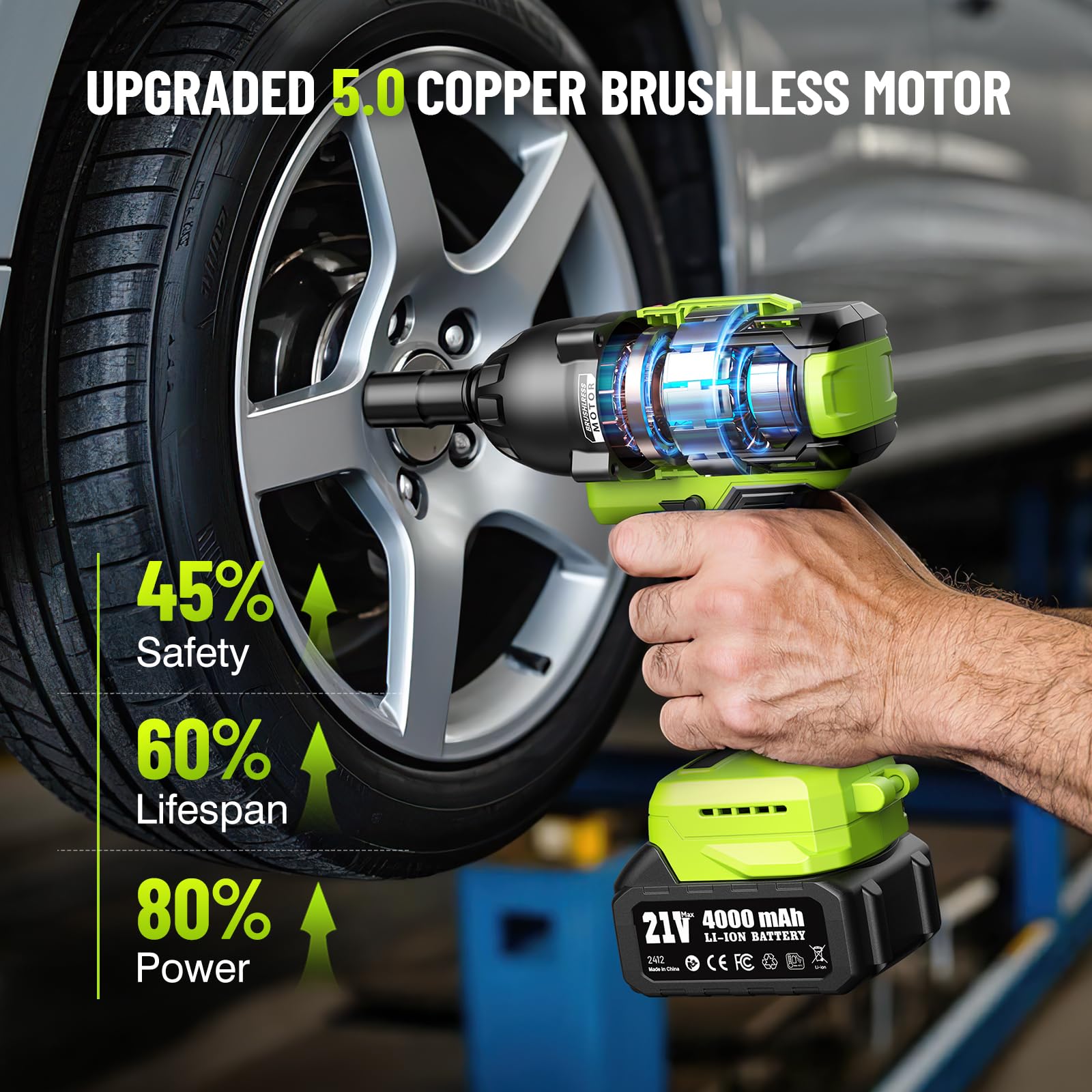 Cordless Impact Wrench, 406Ft-lbs (550N.m) Brushless 1/2 inch, 2800RPM High Torque Impact Gun, 2x 4.0Ah Battery, Charger, 4 Sockets, Electric Impact Wrench for Car Home