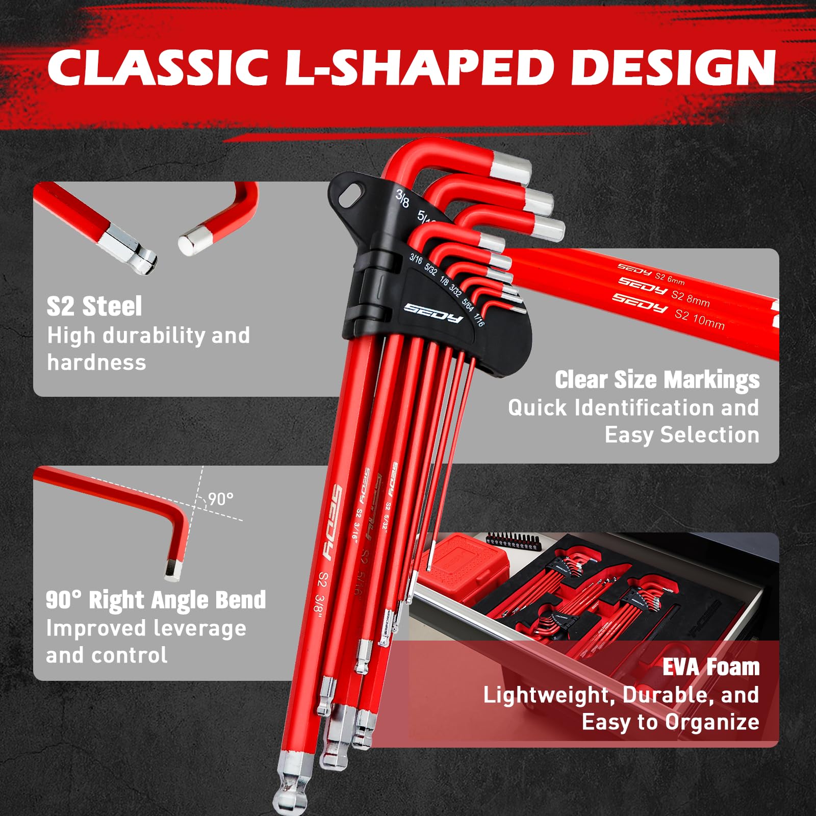 SEDY 32-Piece Hex Key Wrench Set, Metric and SAE Allen Wrenches (0.028-3/8 inch, 0.7-10 mm) L Shape Allen Keys, Chrome Vanadium Steelwith 2x Extension Handle