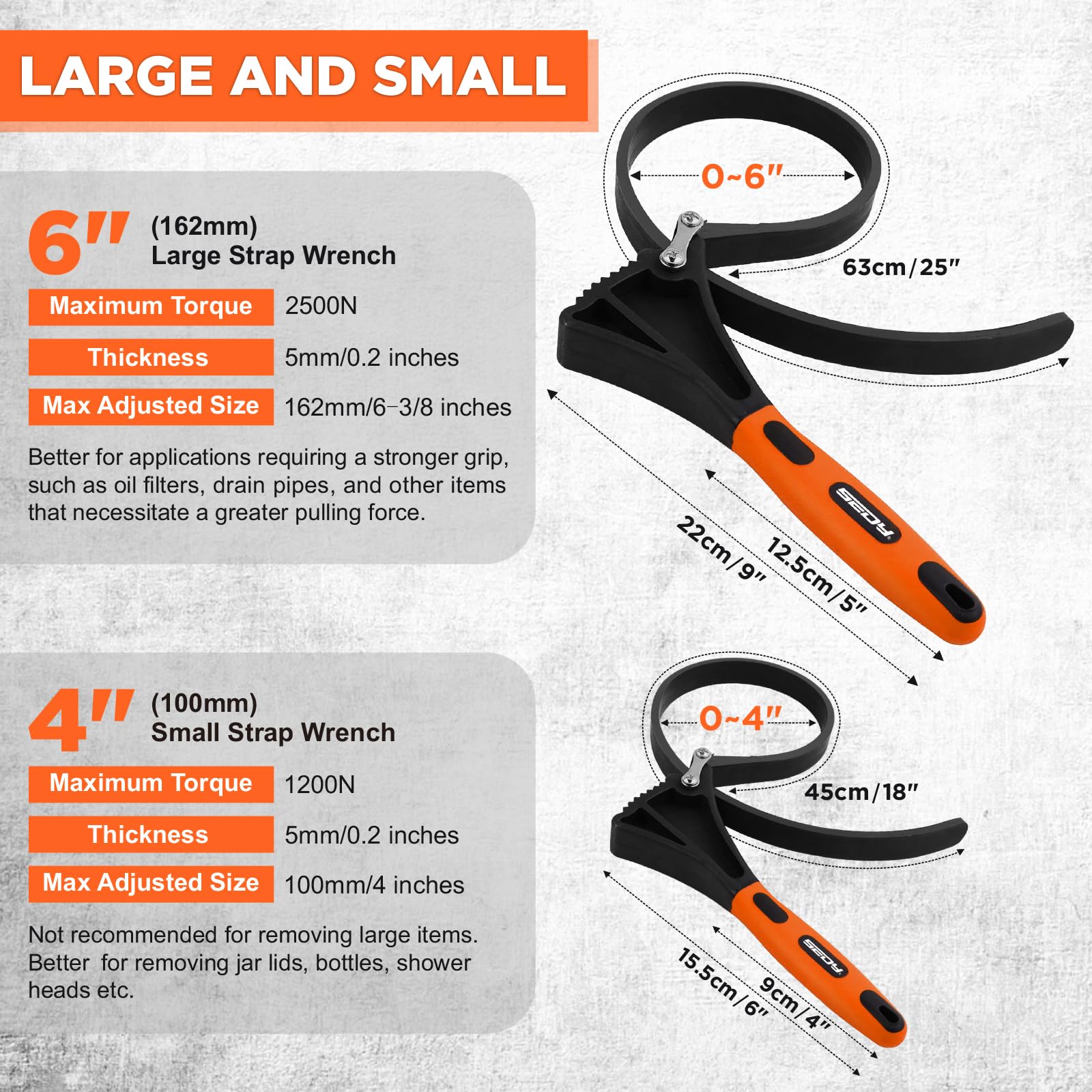 2-Piece Rubber Strap Adjustable Wrench Set Diameter 4" and 6", Oil Filter Pipe Jar Opener Strong Grip Plumbers Universal Spanner for Drain Sewer Cap Sink Pliers Nut Shower Head Valve Removal