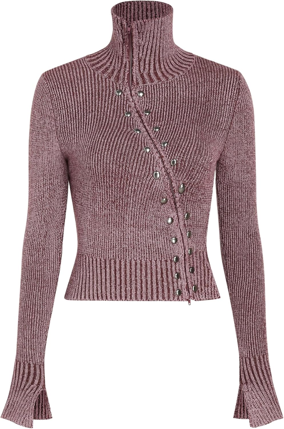 CIDER Zipper Cardigan Sweaters for Women Trendy Stand Collar Rivet Cardigans Split Long Sleeve Fall Winter