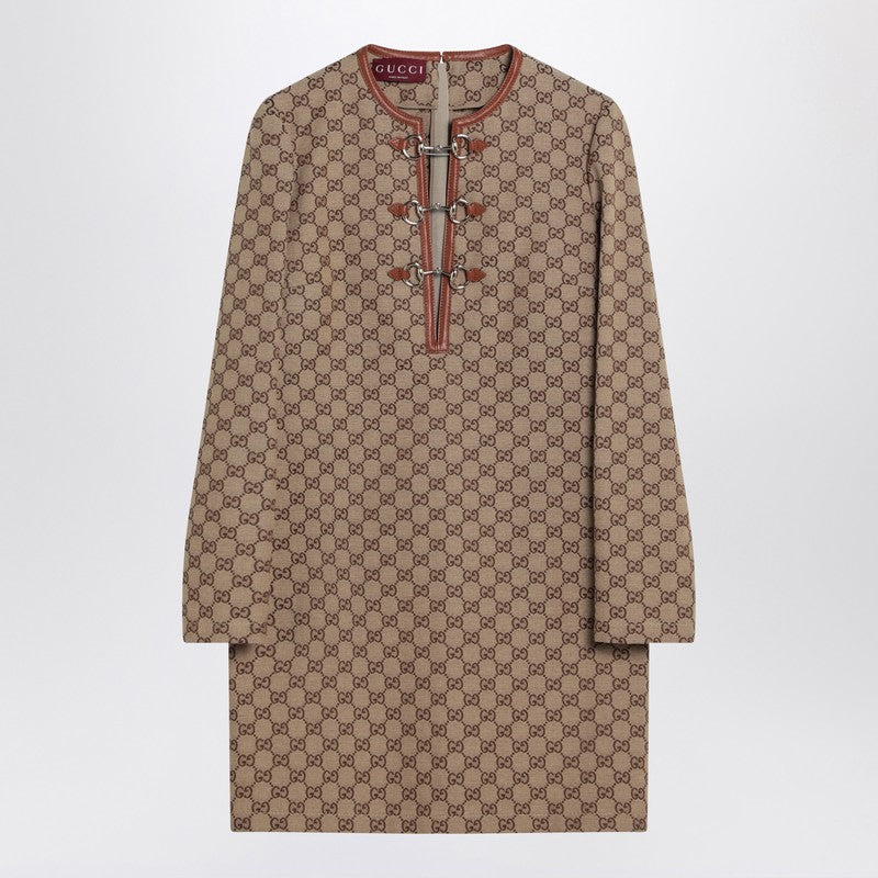 Gucci Beige Dress In Gg Fabric With Clip Detail Women