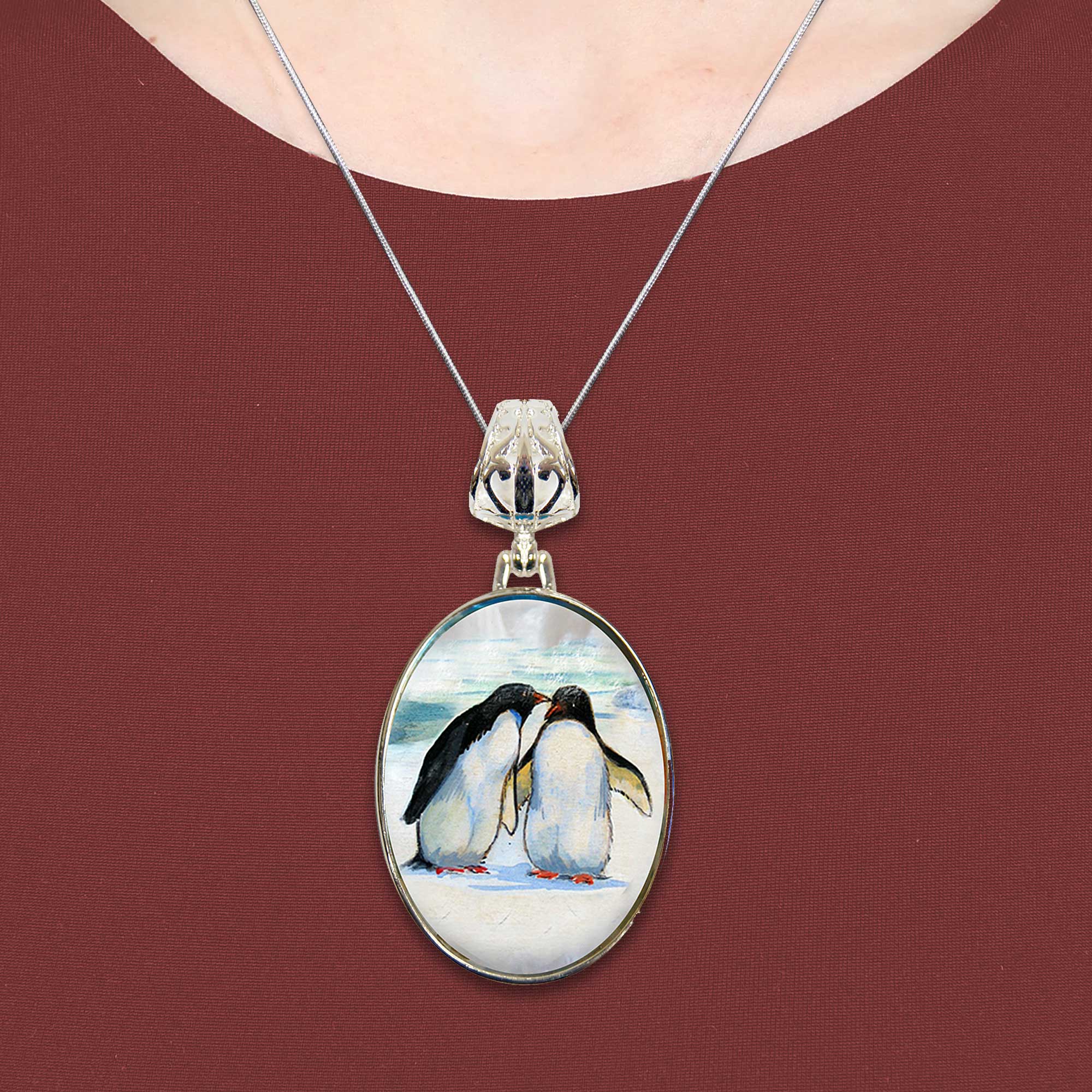Penguins in Love Silver Plated Mother of Pearl Jewelry Pendant Necklace - 44033